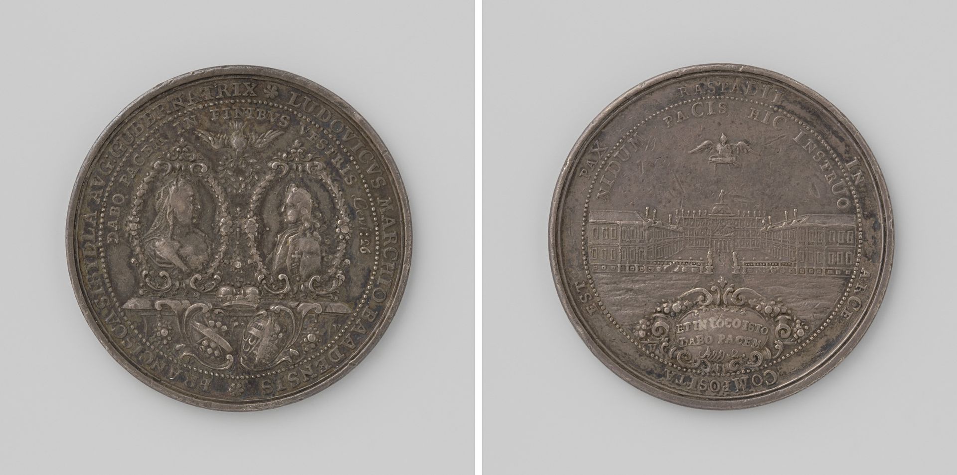 Vrede van Rastatt, penning ter ere van Francisca Sybilla, prinses-weduwe van Baden-Baden en Lodewijk Georg, markgraaf van Baden-Baden by Georg Wilhelm Vestner