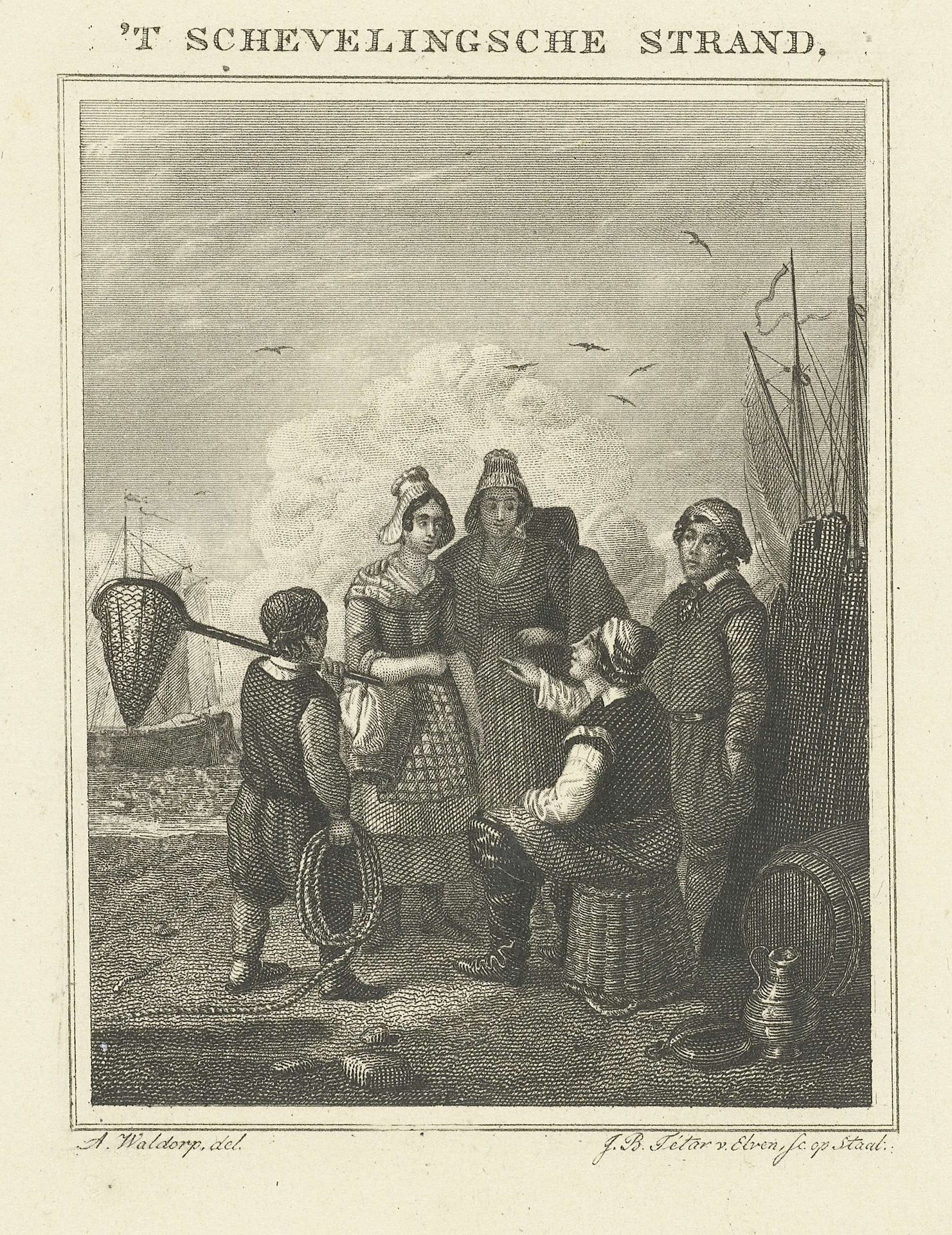 Vissers op het strand van Scheveningen by Jan Baptist Tetar van Elven