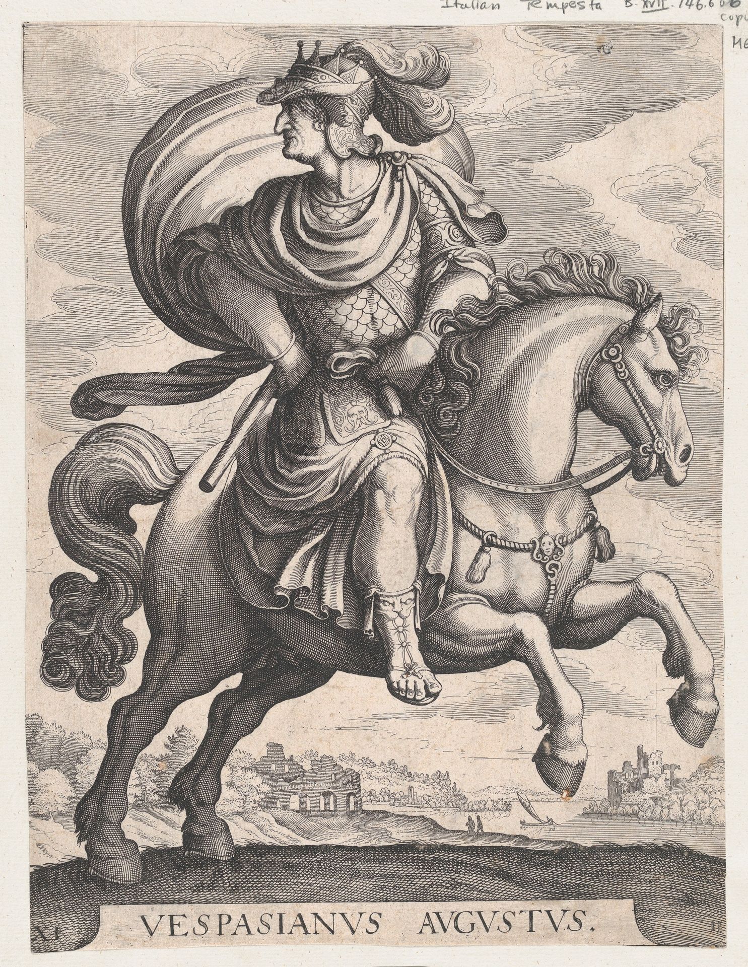 Emperor Vespasian on Horseback, from the series The First Twelve Roman Caesars, plate 11 by Matthäus Merian the Elder