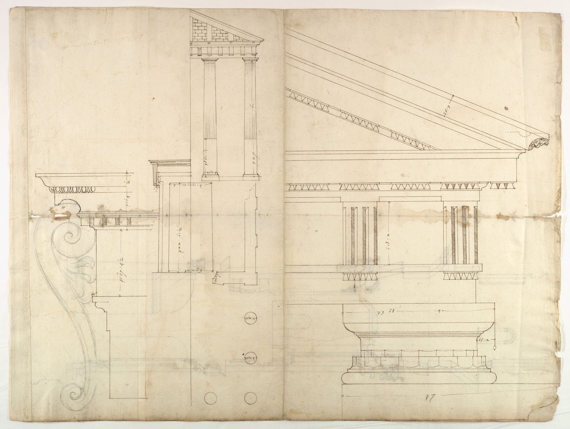 Temple of Hercules, Cori, plan, elevation; portal, details; Doric order, details (recto) St. Peter's, drum, section (verso) by Anonymous