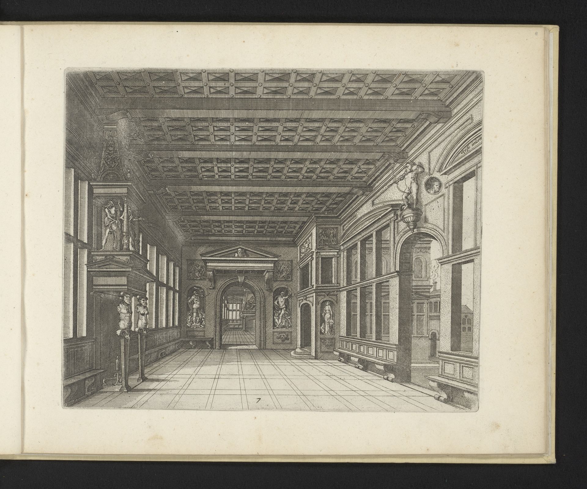 Interieur met een gedecoreerde schouw links by Johannes of Lucas van Doetechum