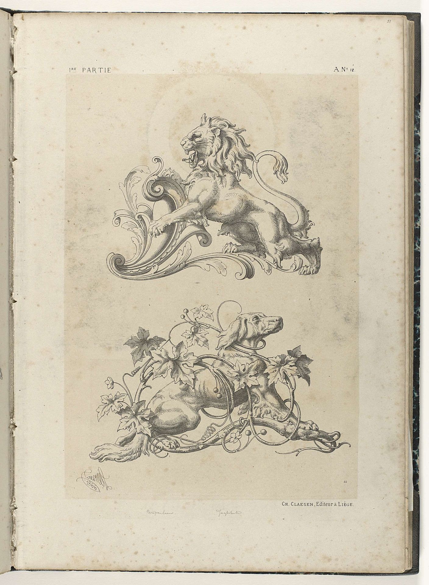 Leeuw en hond op en tussen bladranken by Michel Liénard