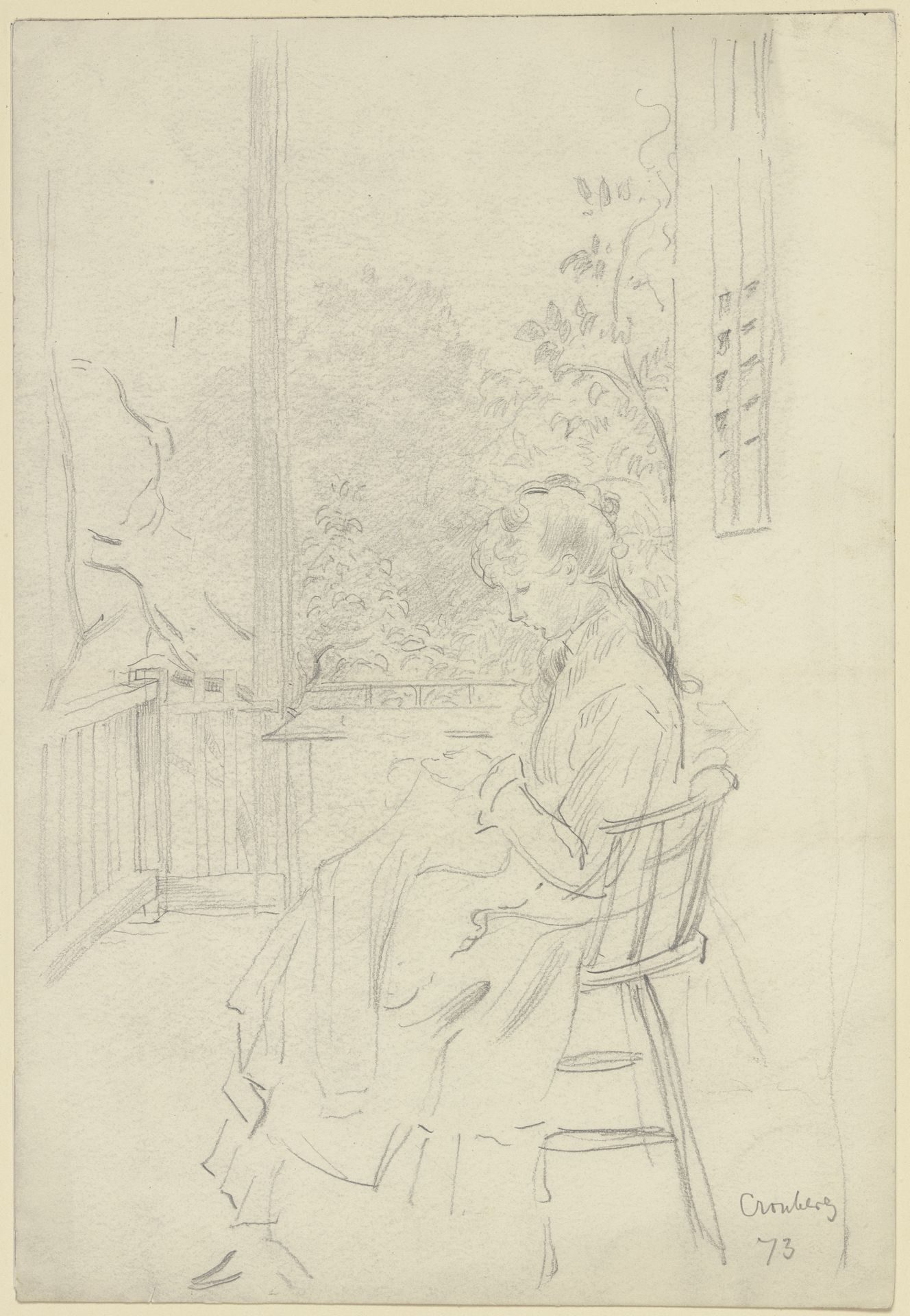 Dame auf einer Veranda, bei der Handarbeit by Otto Scholderer
