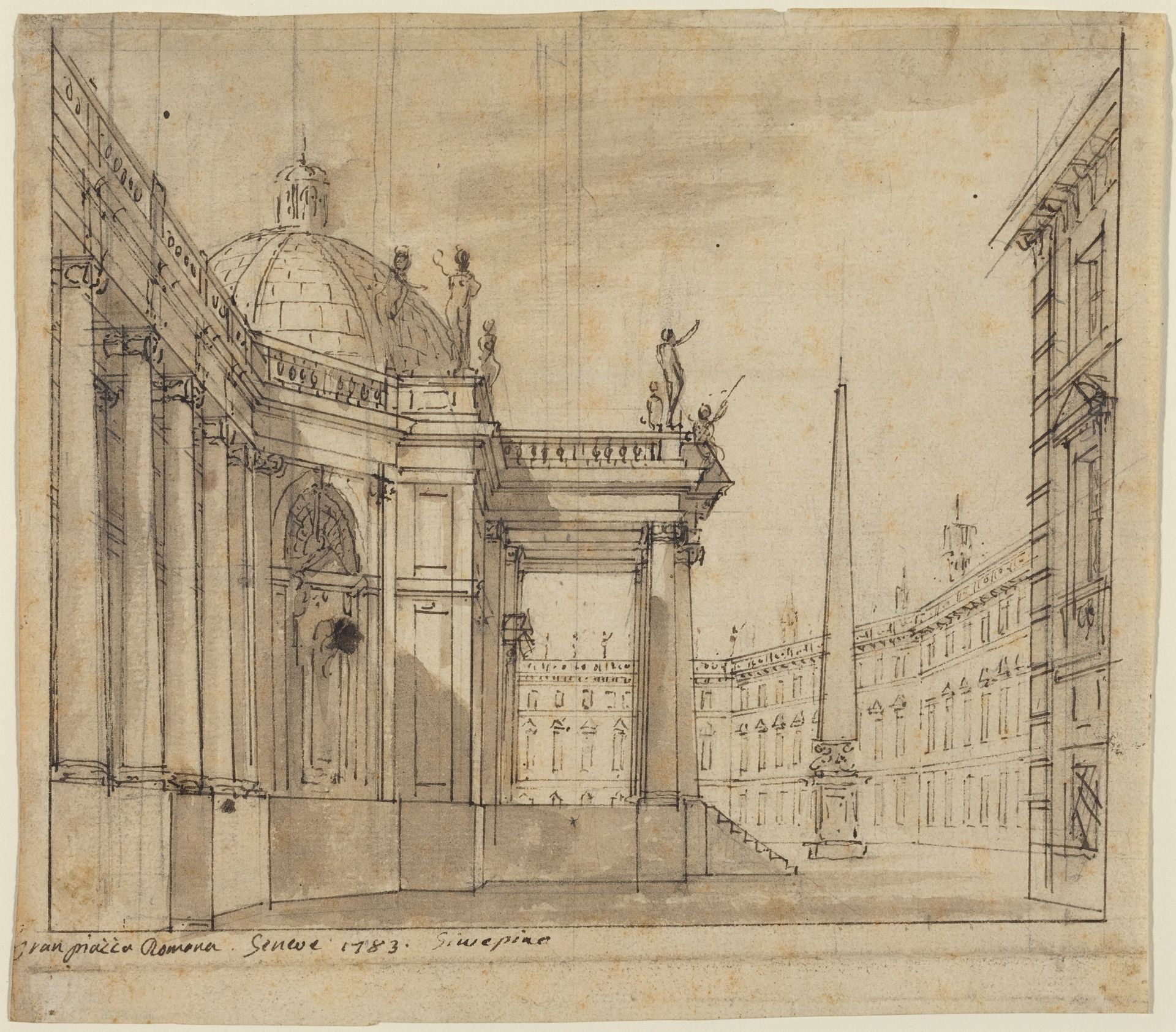 Stage Design: A Piazza with a Domed Church and an Obelisk by Giuseppino Galliari