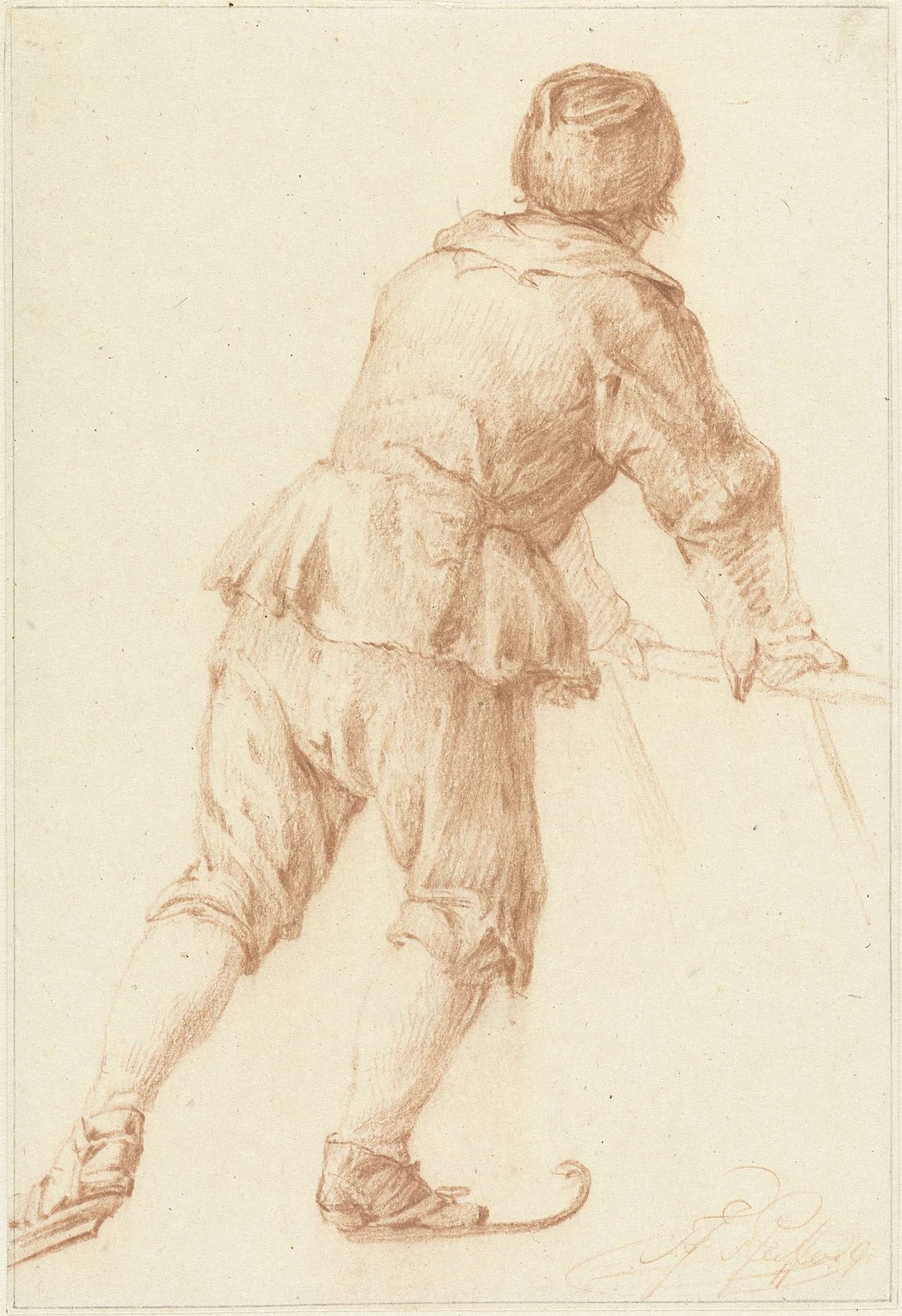 Schaatsende jongen die een slee voor zich uit schuift by François Joseph (II) Pfeiffer