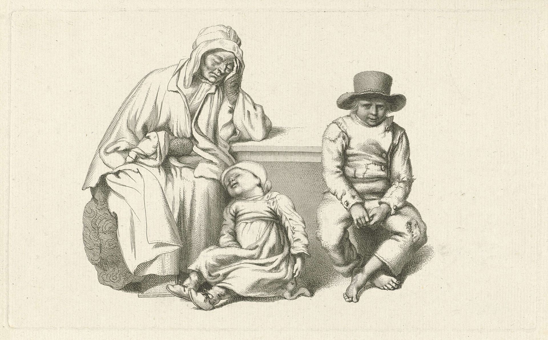 Zittende oude vrouw en twee kinderen by Jacob Ernst Marcus