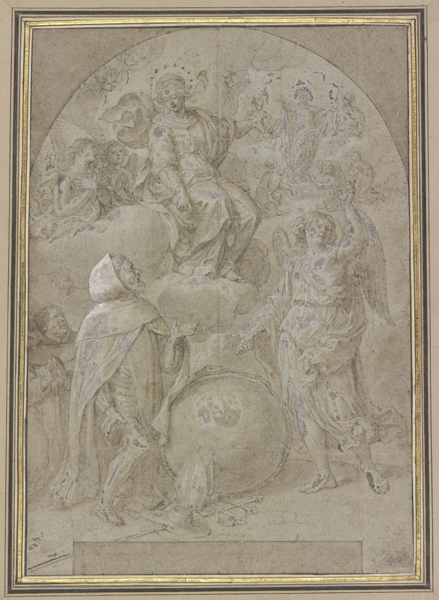 Geharnischter Mönch kniet vor einer Weltkugel, ein Engel deutet auf Maria, diese nach Christus by Cristoforo Roncalli