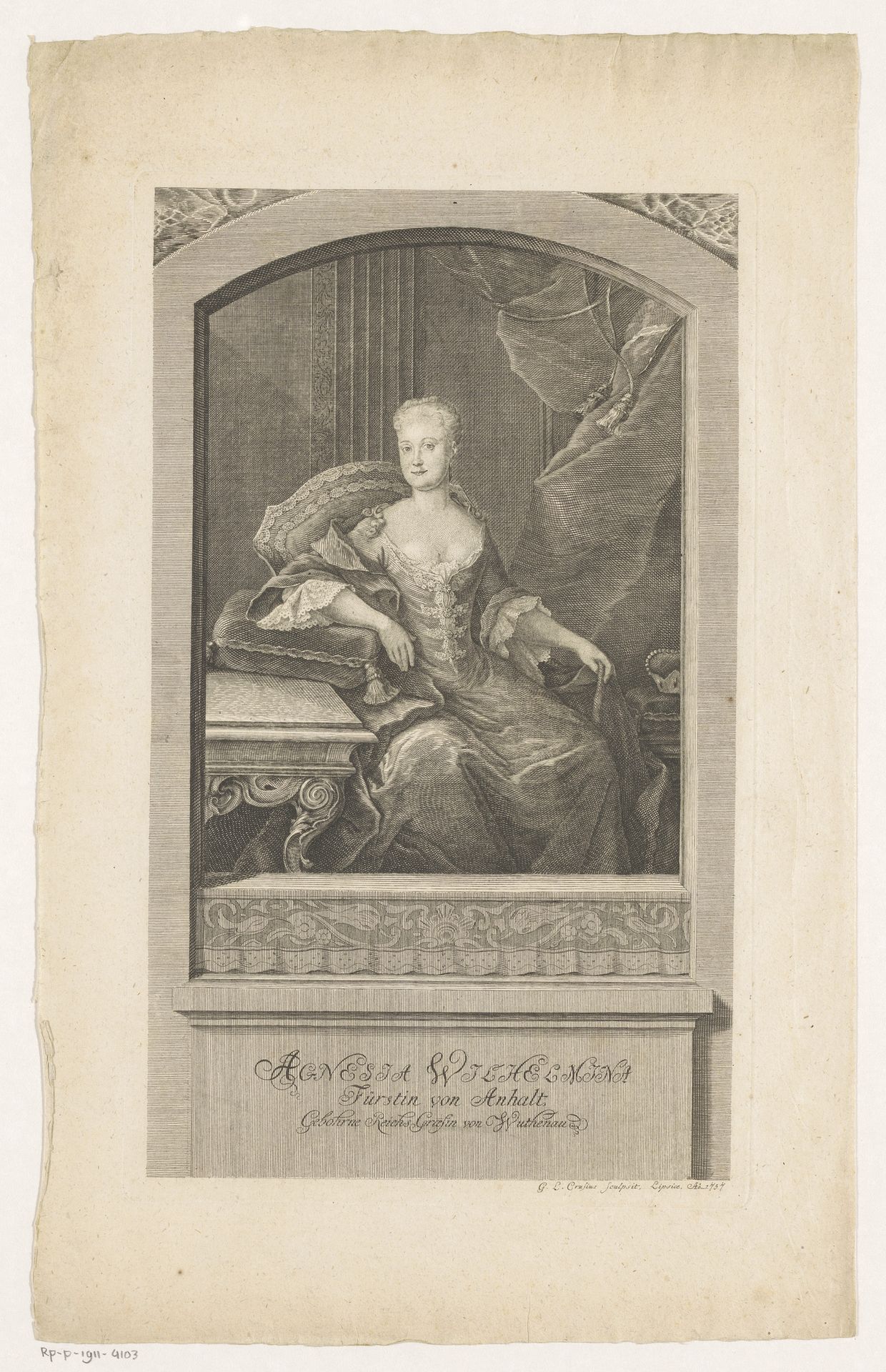 Portret van Agnes Wilhelmine Füstin von Anhalt by Gottlieb Leberecht Crusius