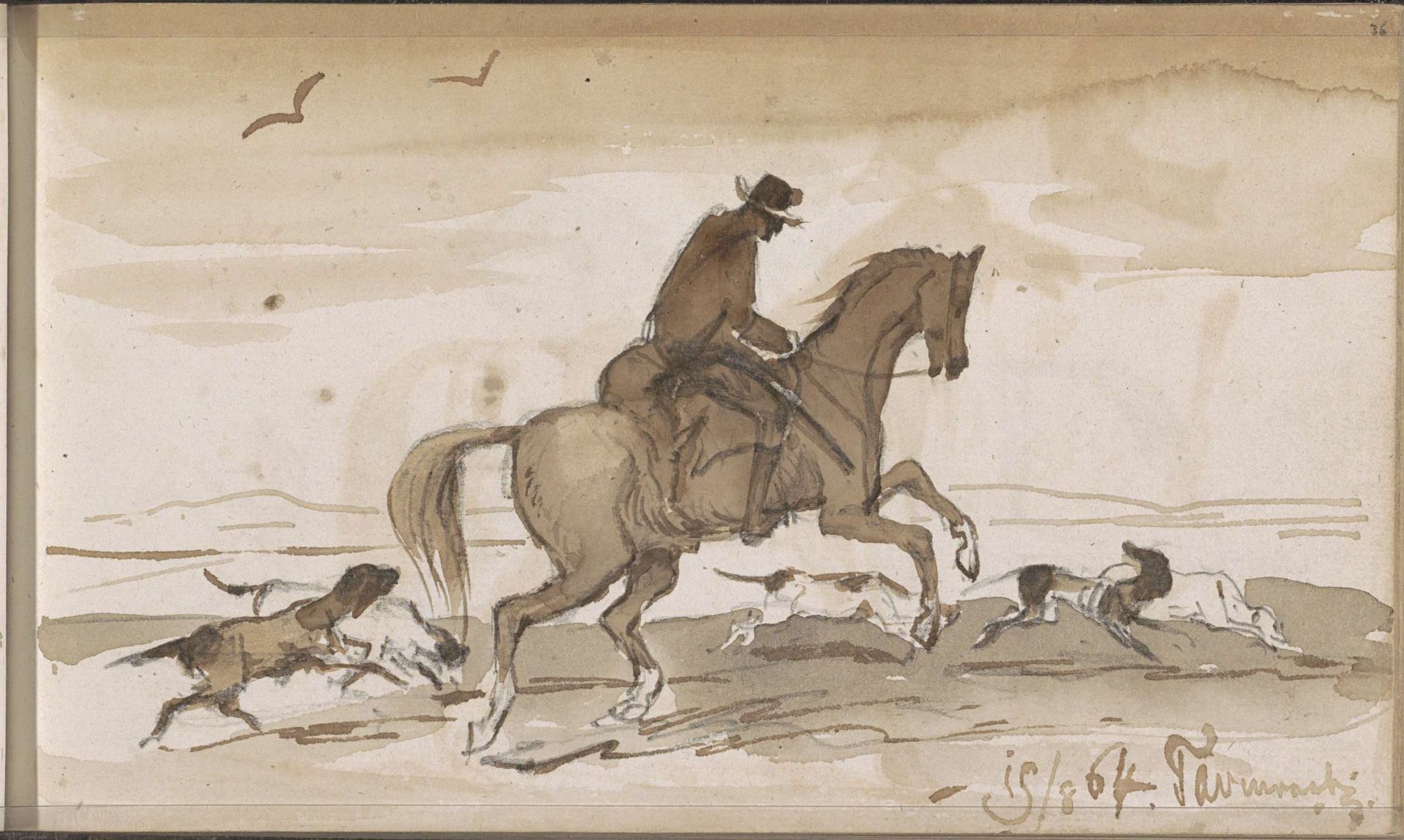 Landschap met een ruiter en rennende honden by Johannes Tavenraat