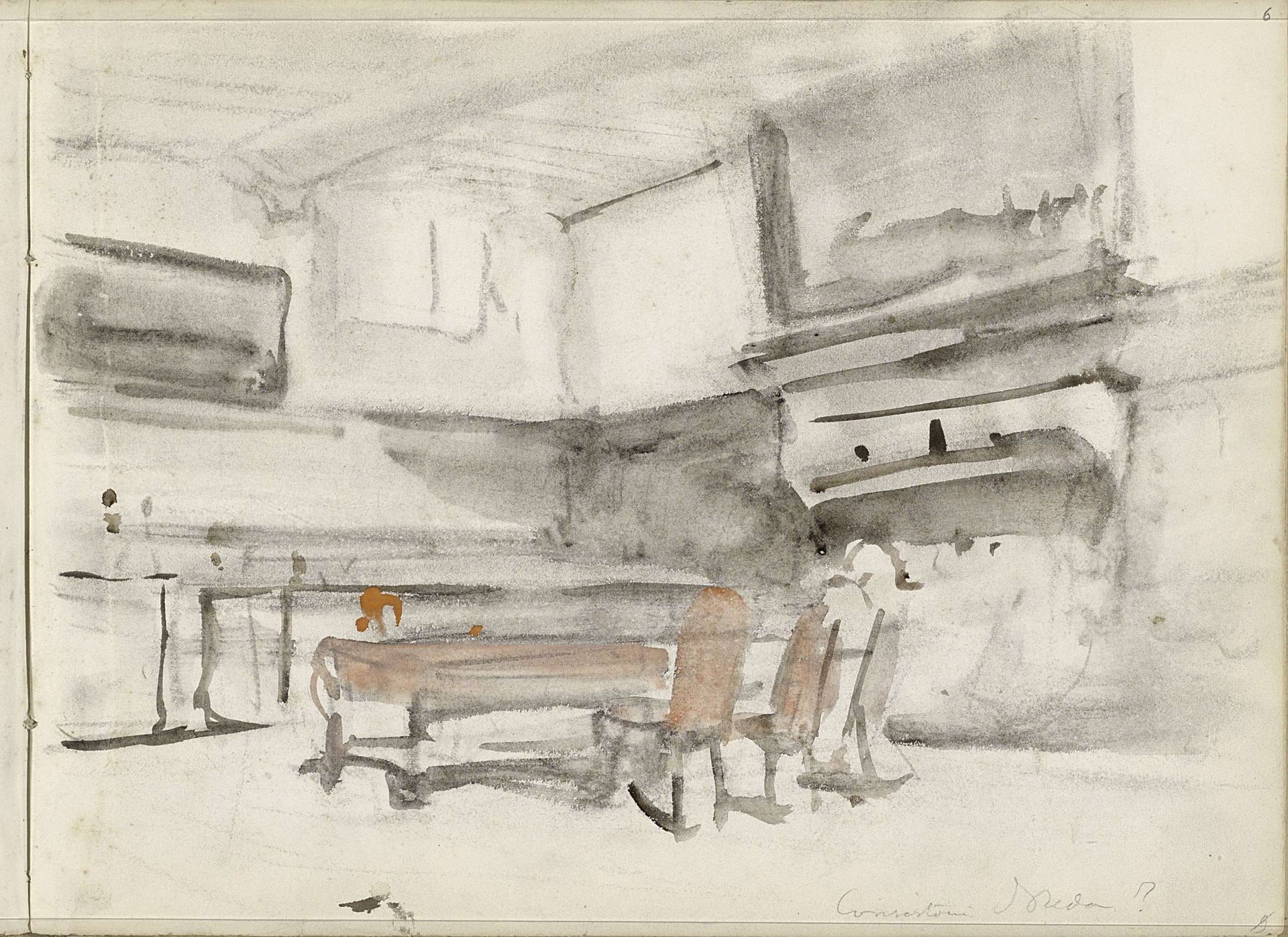 Interieur met een tafel en een schilderij boven een schouw by Johannes Bosboom