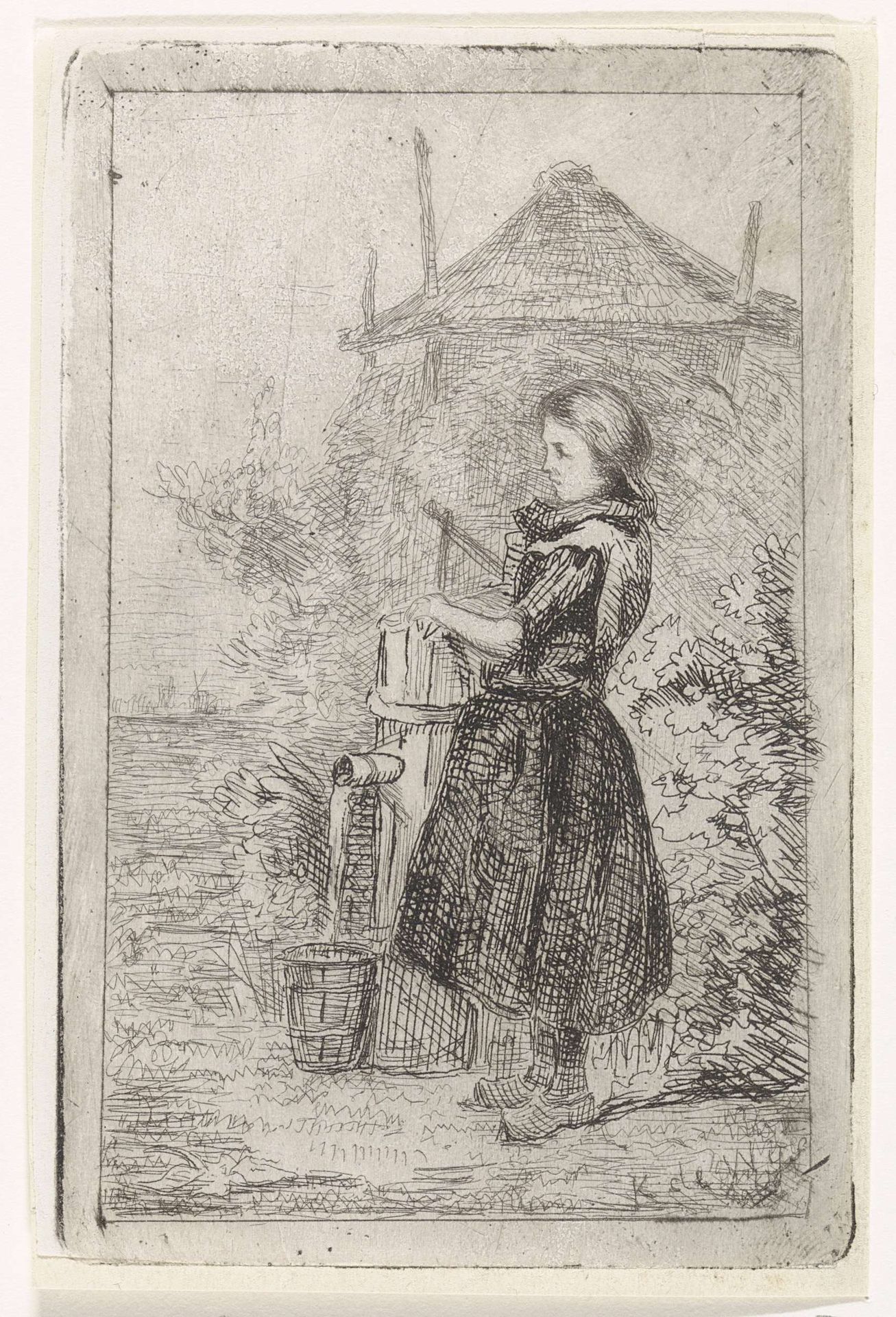 Meisje bij een waterpomp by Kornelis Jzn de Wijs