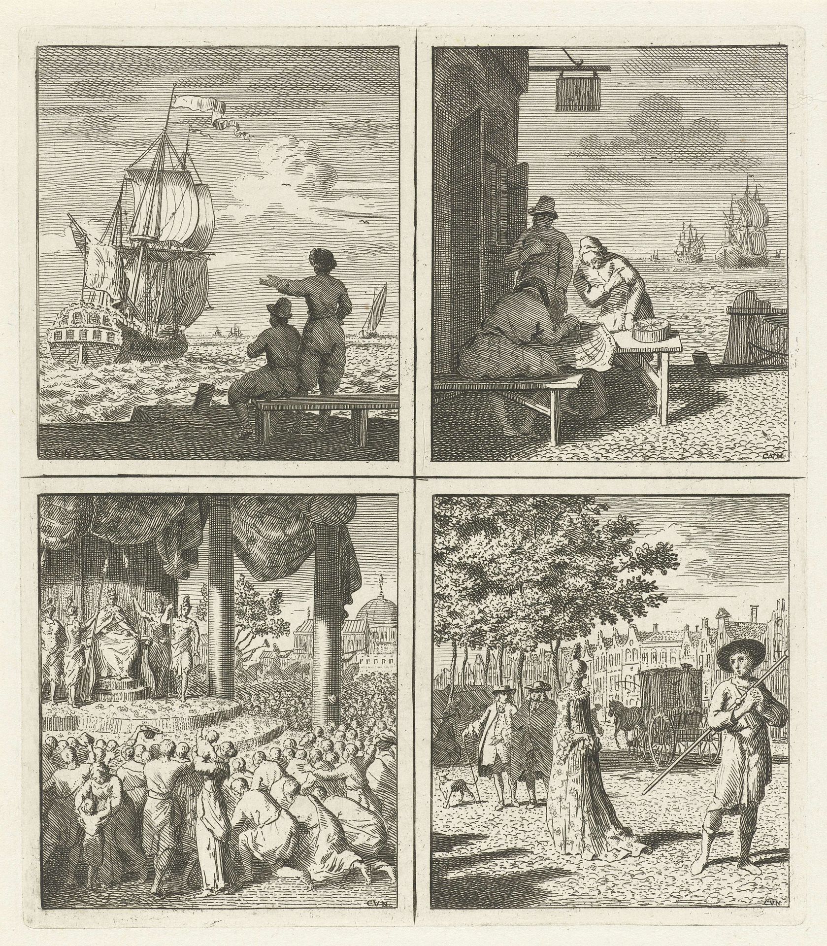 Schip / Noordpool / Koning op een troon / Rijk geklede vrouw by Cornelis van Noorde