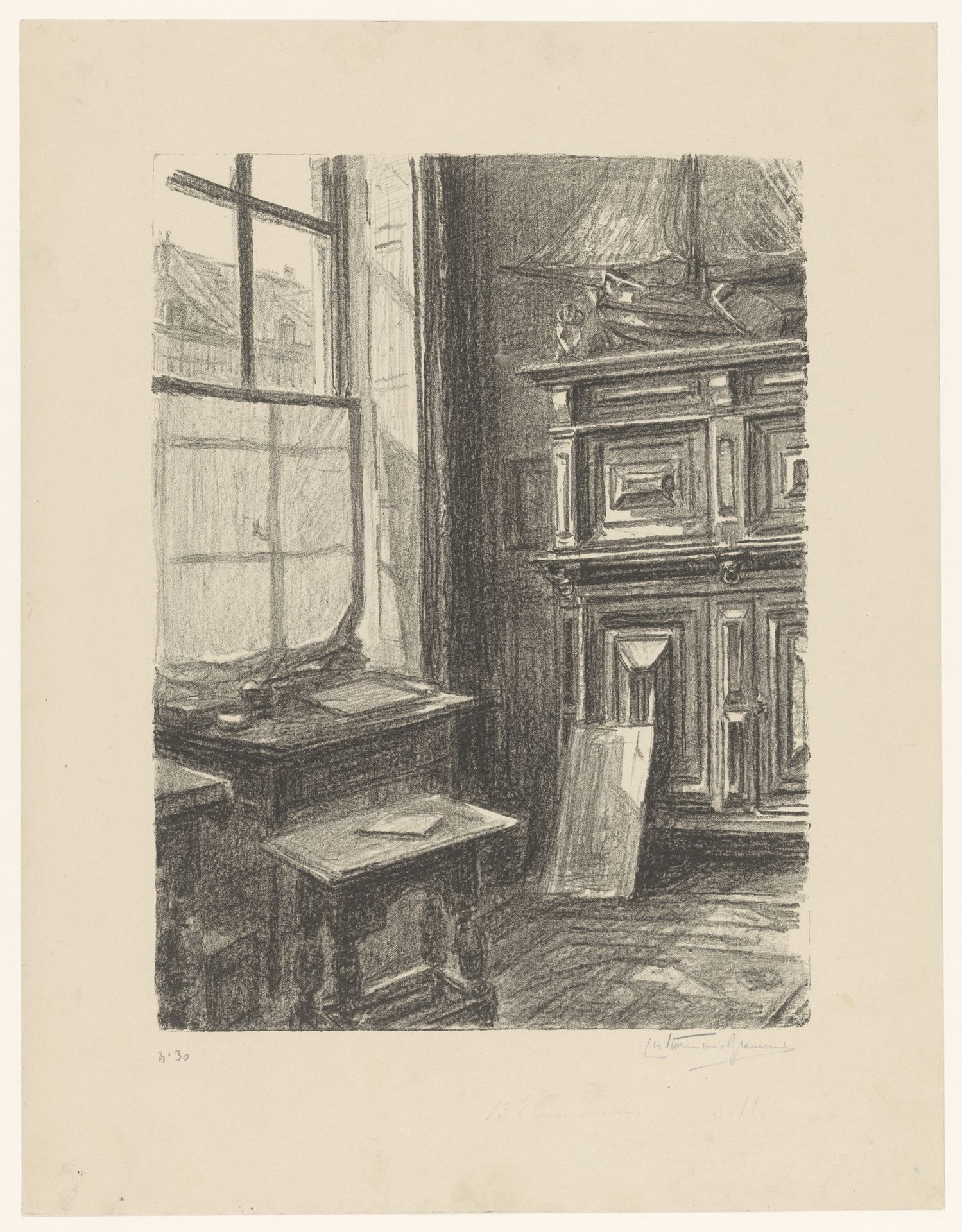 Interieur van een atelier met een tafel bij het venster by Carel Nicolaas Storm van 's-Gravesande