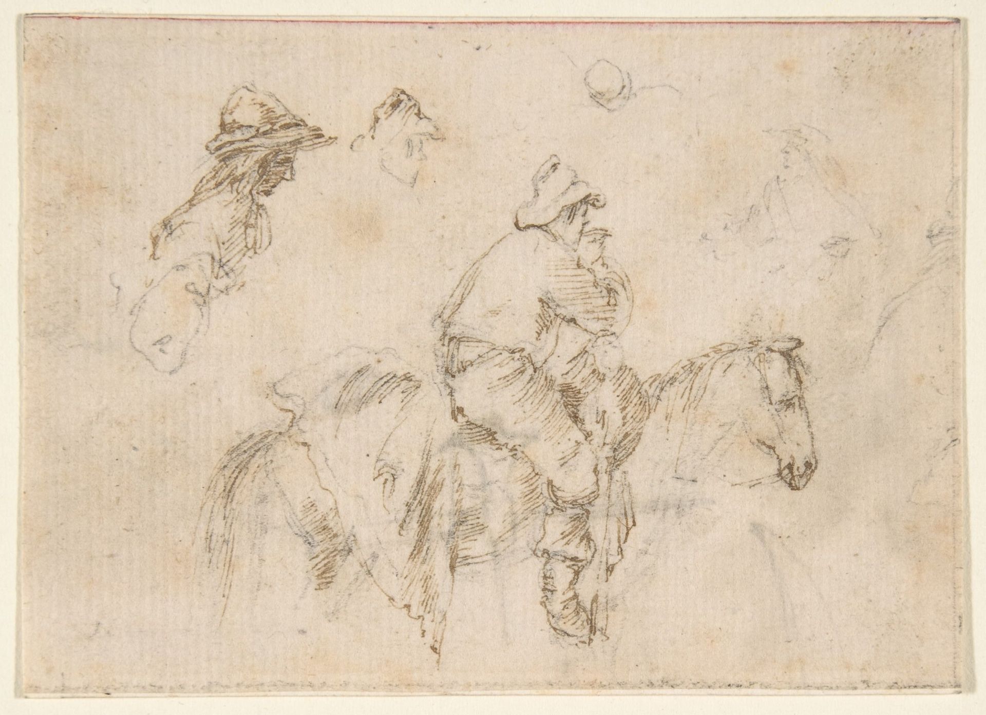 A Peasant on Horseback seen in Profile Facing Right; Two Studies of the Same Man's Head. by Stefano della Bella