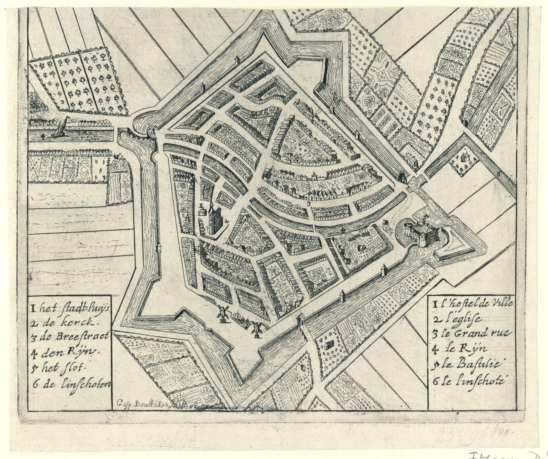Plattegrond van Woerden,  veroverd door de Fransen in 1672 by Gaspar Bouttats