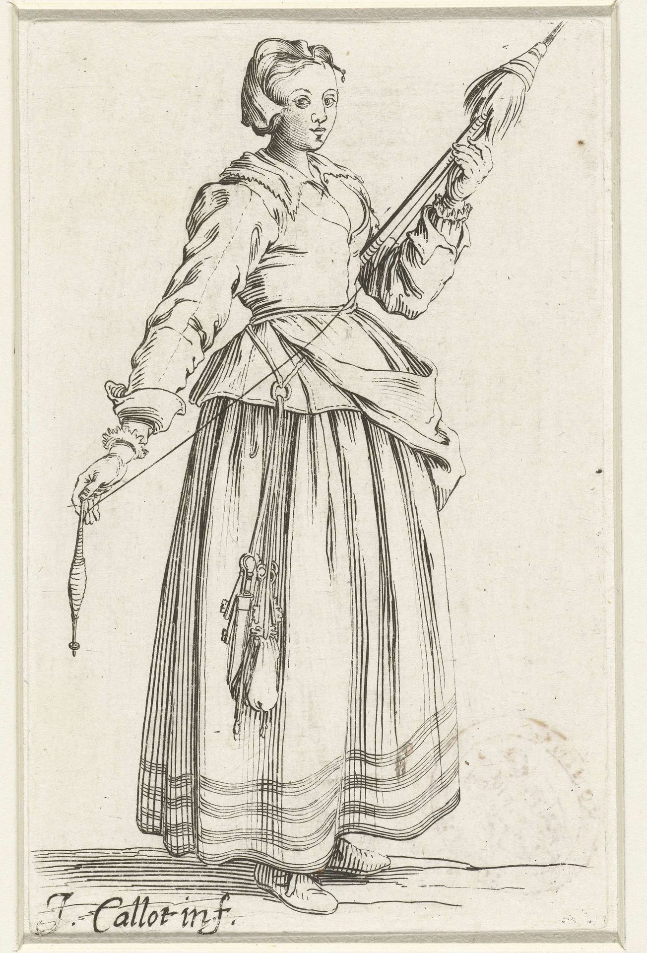 Vrouw met spinrokken en een haspel in de handen by Israel Henriet
