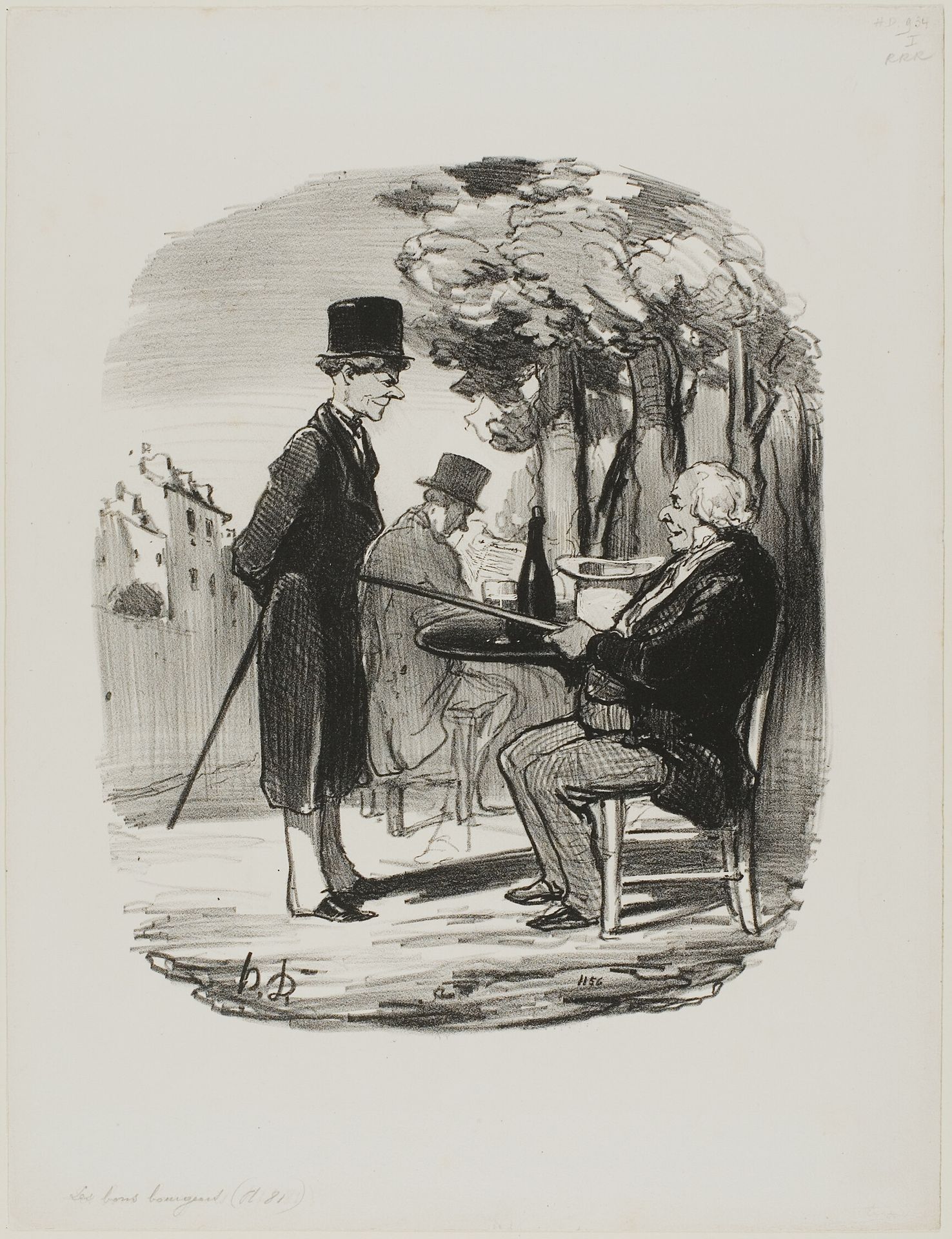 "- You are not having your bottle of beer with us this evening... I can tell you are having a private dinner party today, you scoundrel...," plate 81 from Les Bons Bourgeois by Honoré Daumier