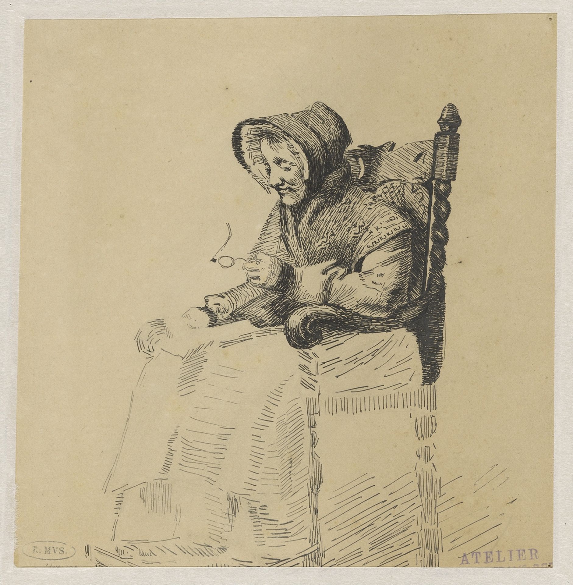 Oude vrouw zittend in leunstoel by Joan Berg