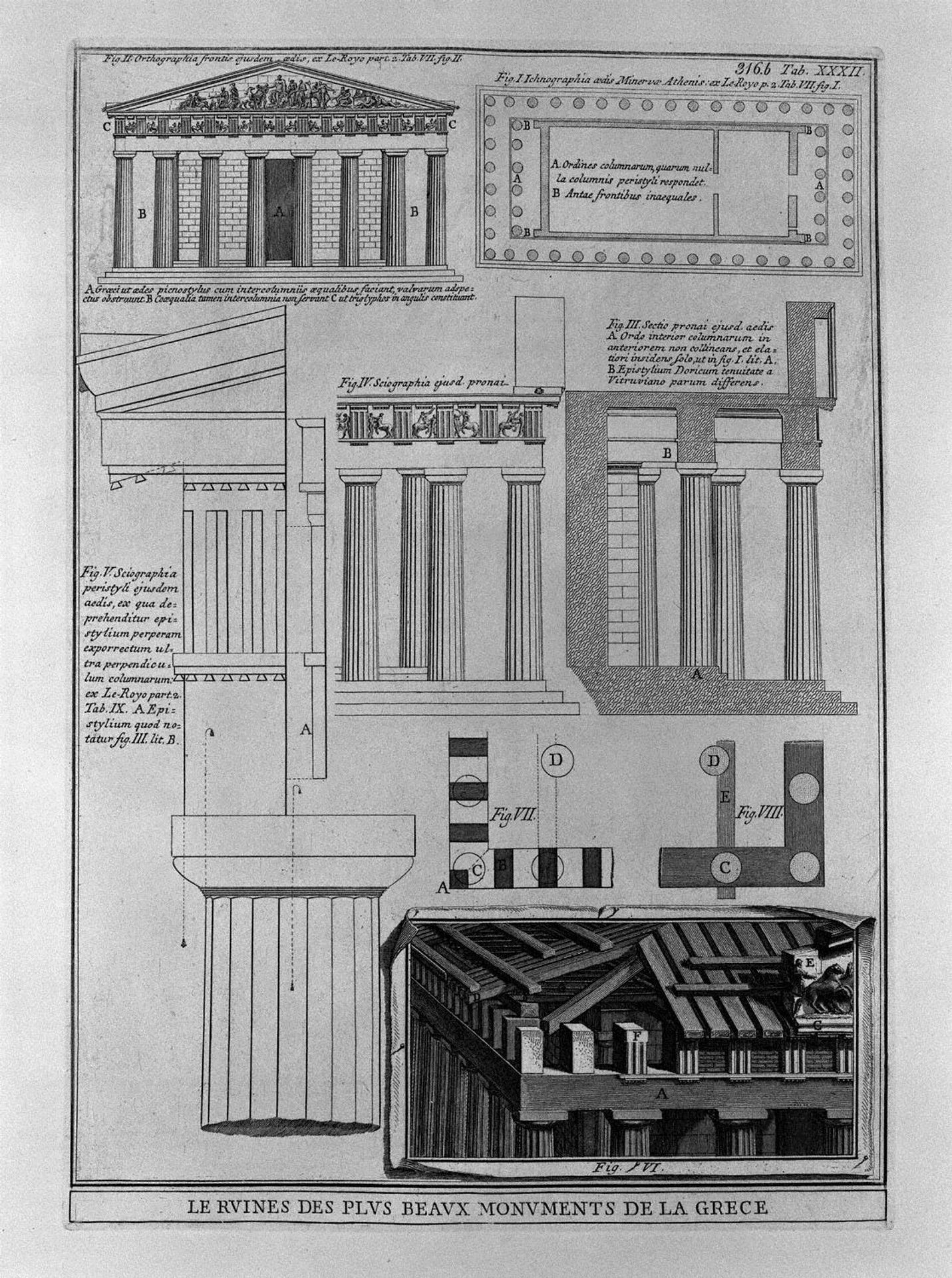 Plan, elevation and details of Doric temples in Greece (from Le Roy) by Giovanni Battista Piranesi