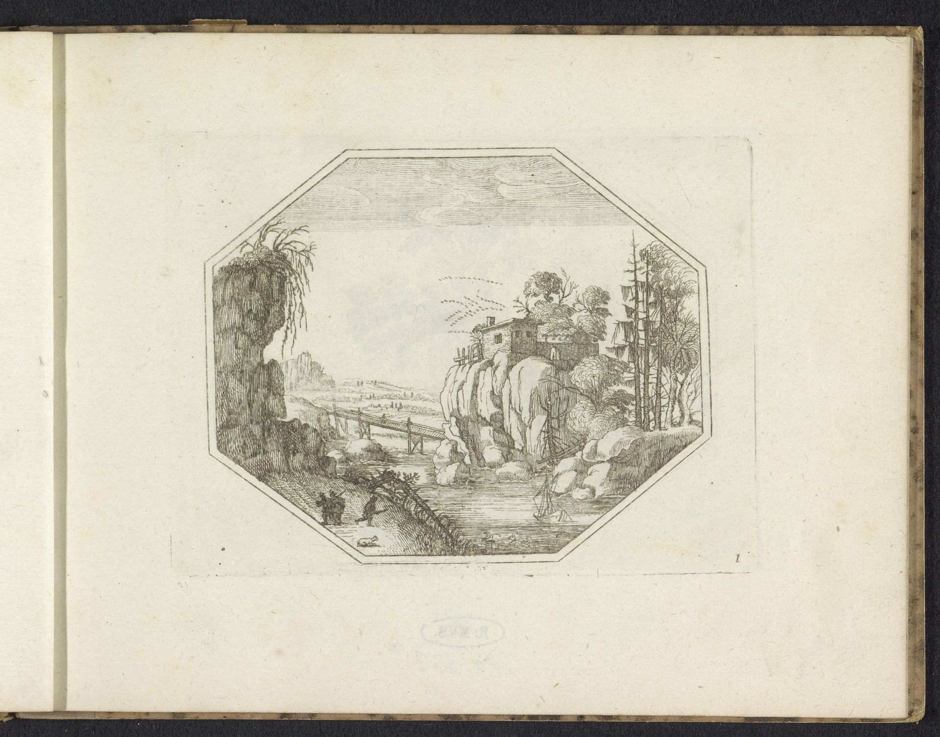 Landschap met een gebouw op een rots by Anonymous
