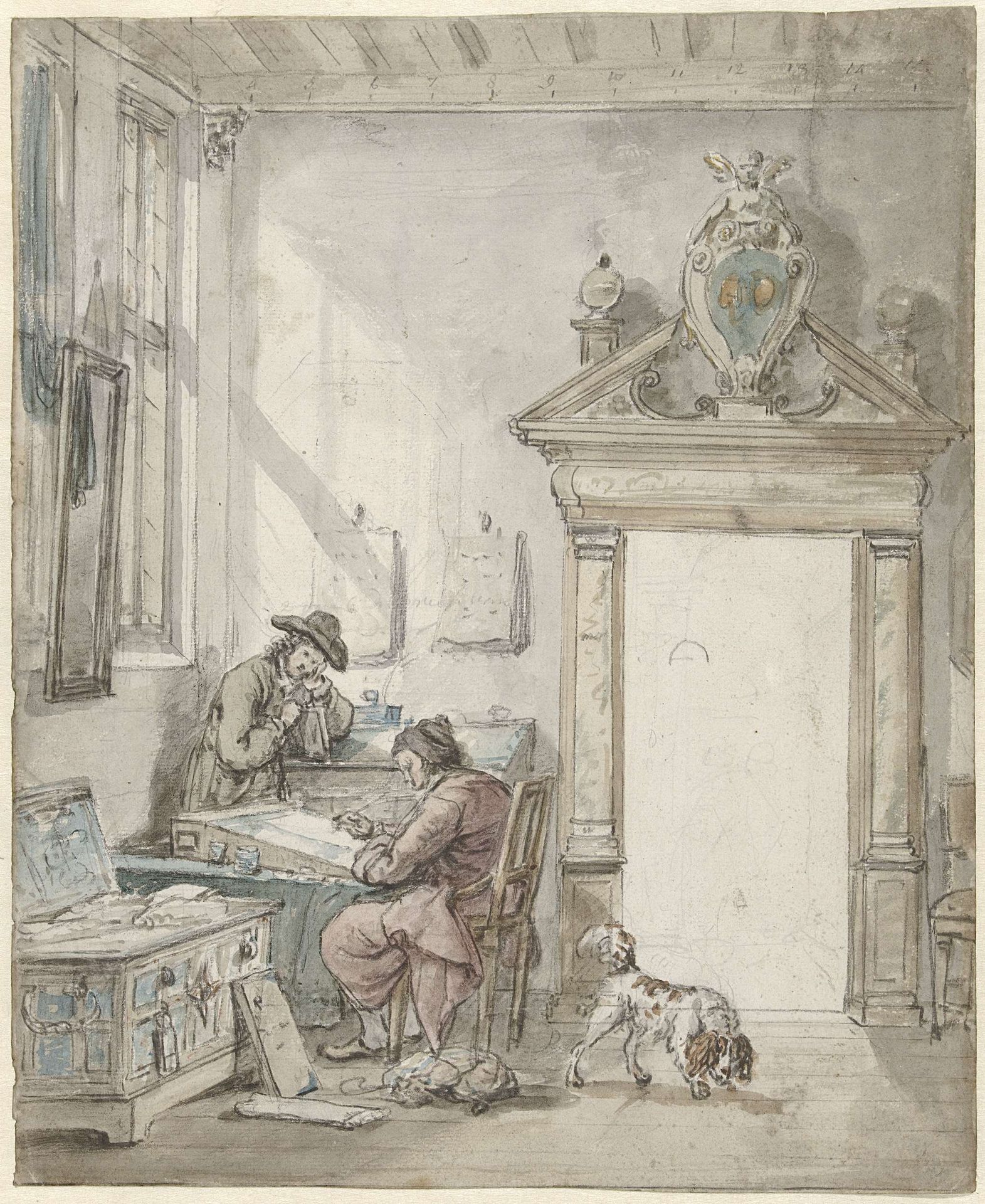 Interieurscène met schrijvende man aan een lessenaar by Abraham van Strij