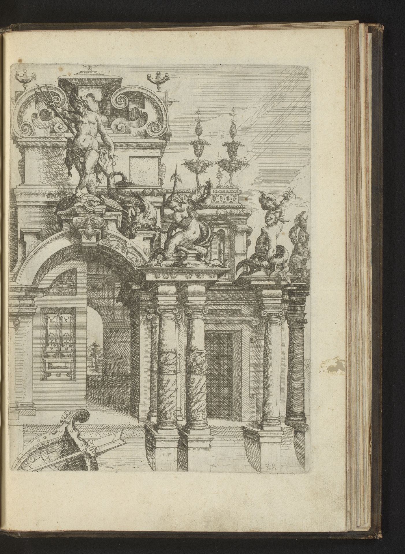Gedecoreerd portaal en bovenop Neptunus met Nereïden by Wendel (I) Dietterlin
