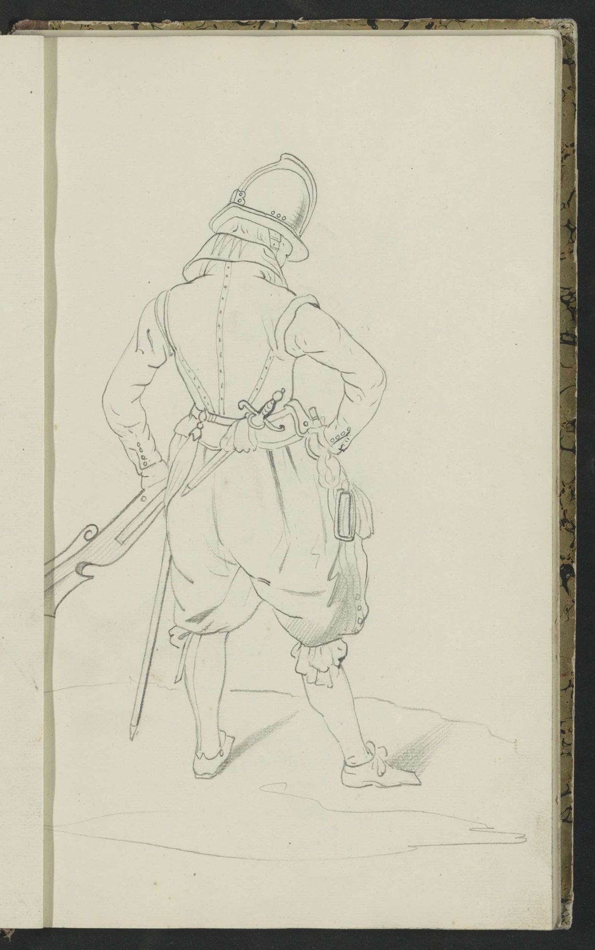 Soldaat die zijn musket in de linkerhand draagt en wiens rechterhand op zijn heup rust by Johannes Antonius Canta