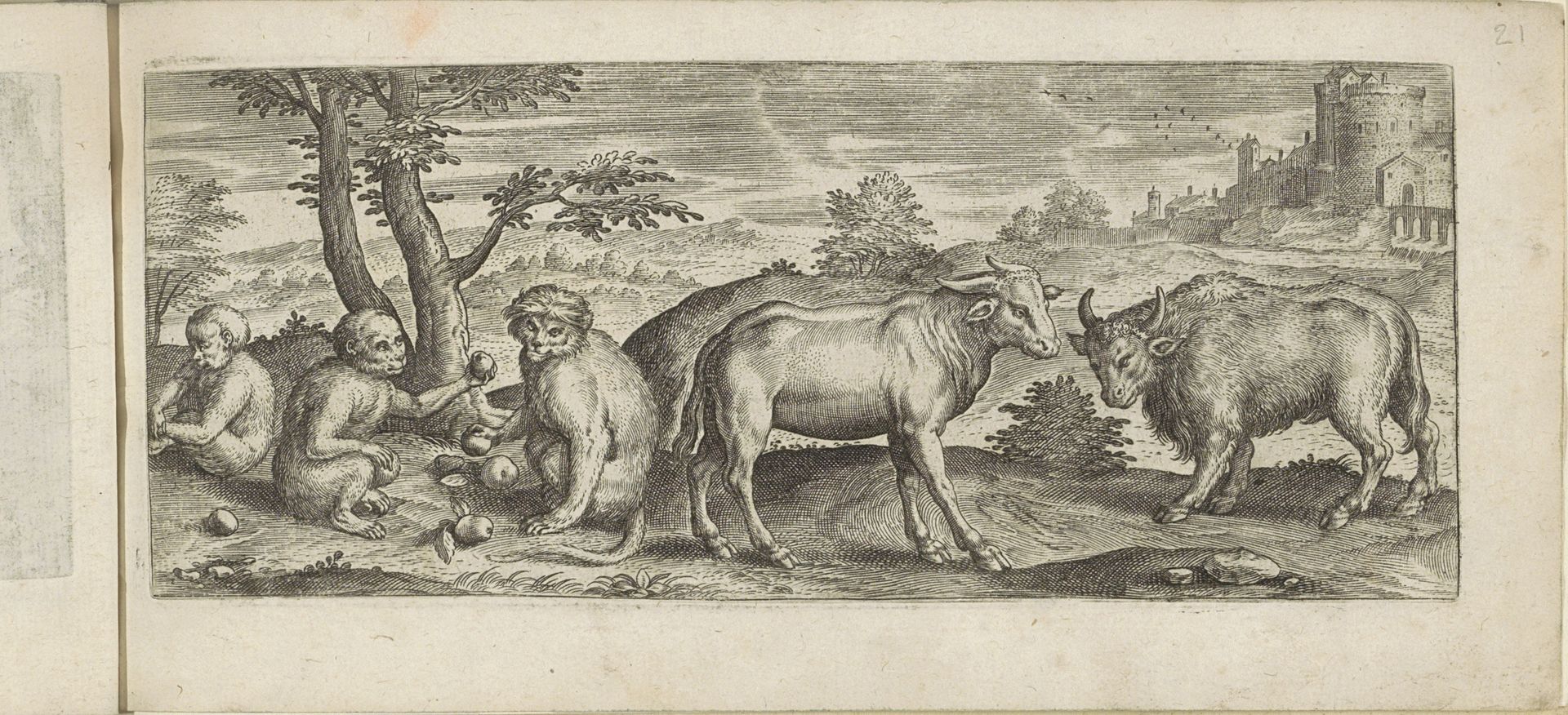 Apen, koe en buffel in een landschap by Marcus (I) Gheeraerts
