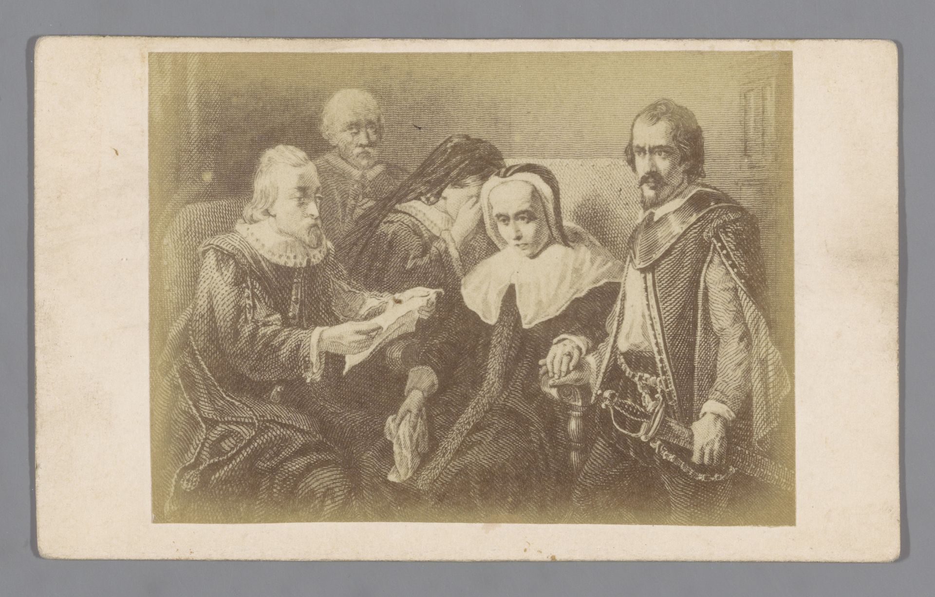Fotoreproductie van een gravure naar een schilderij van Jozef Israëls van Van Oldenbarnevelts weduwe en kinderen die zijn afscheidsbrief lezen op 13 mei 1619 by Anonymous