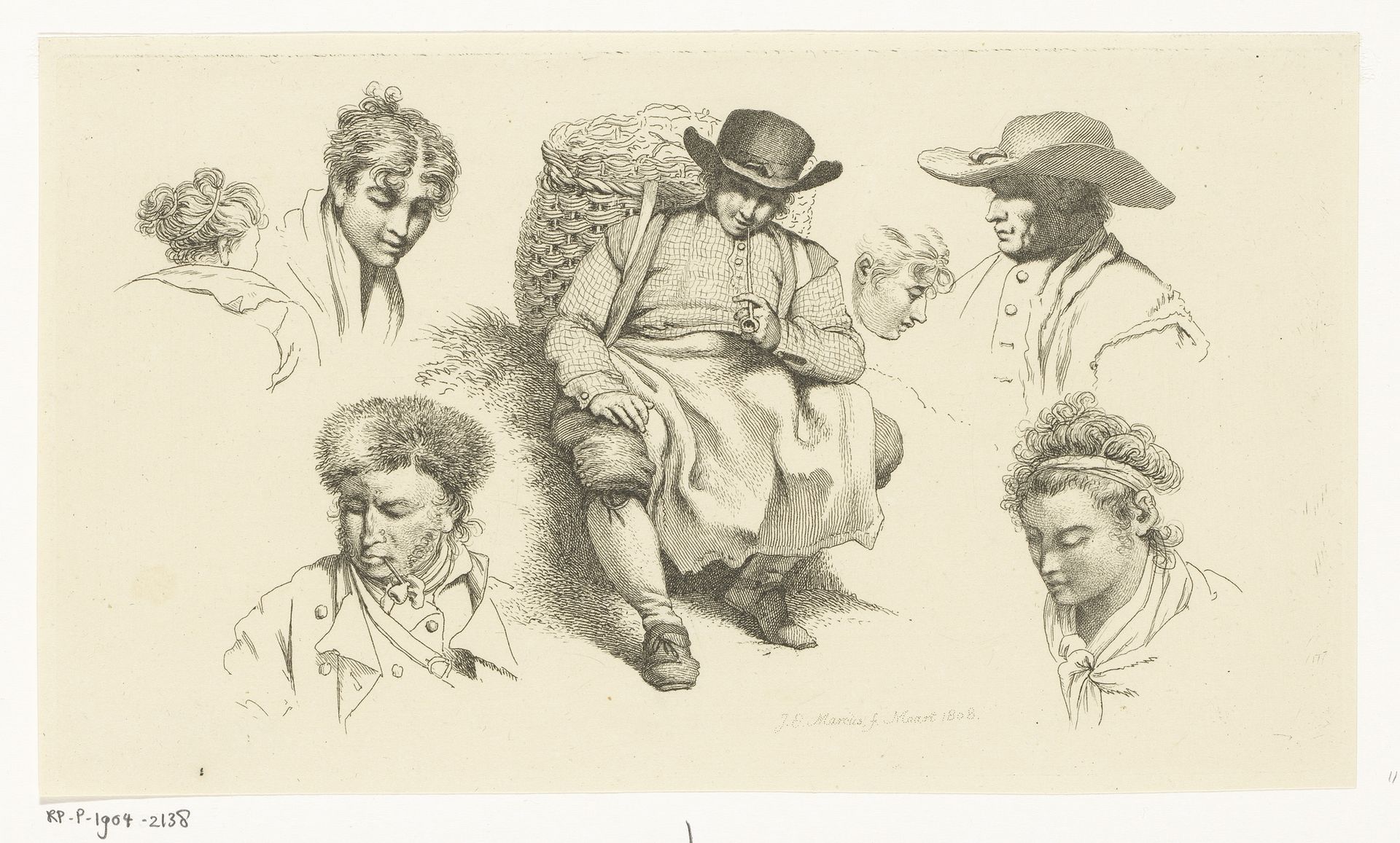 Studieblad met figuren en een rustende visboer met pijp by Jacob Ernst Marcus