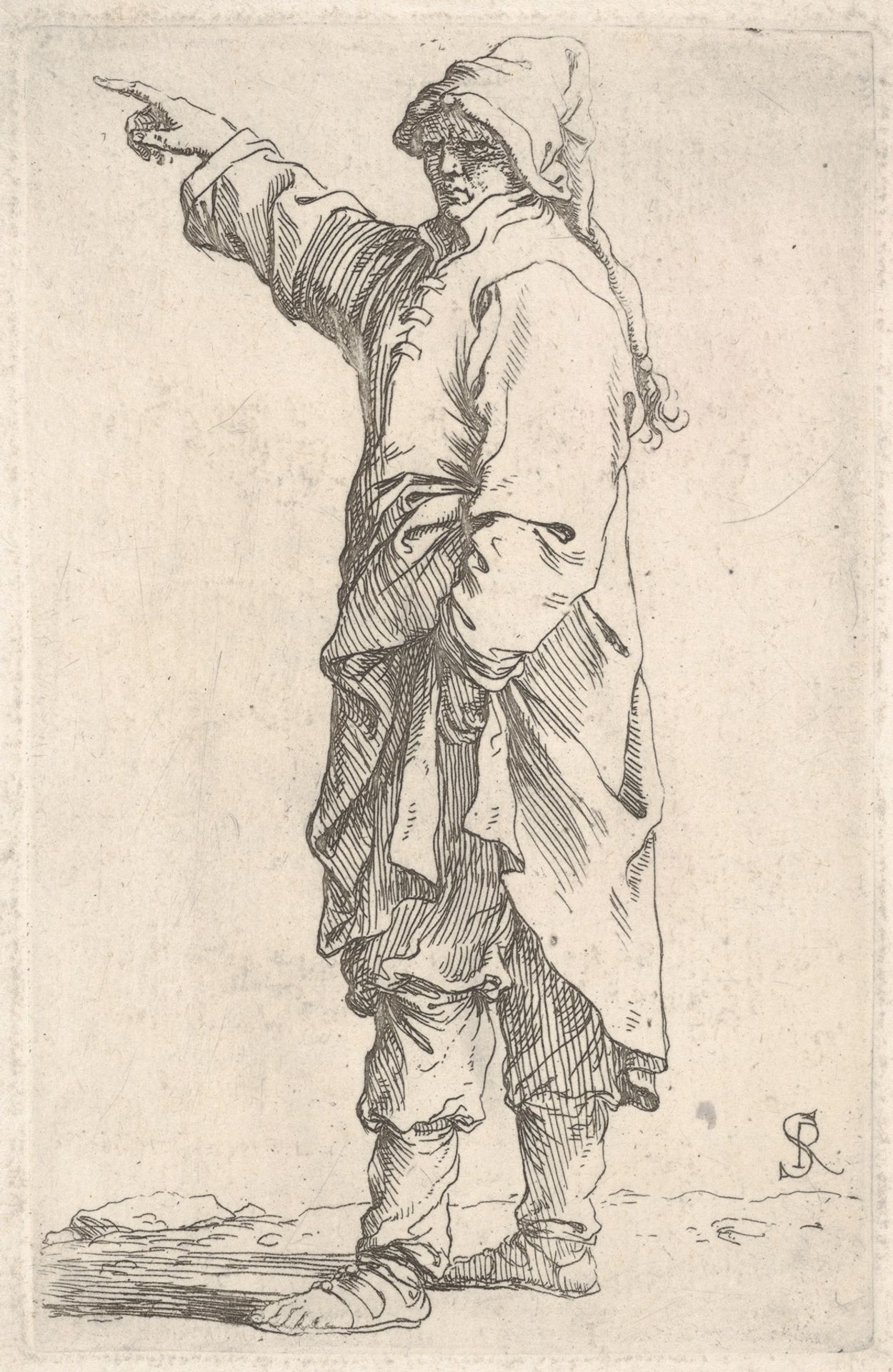 A man wearing a long outer garment and cap pointing to the left, from the series 'Figurine' by Salvator Rosa