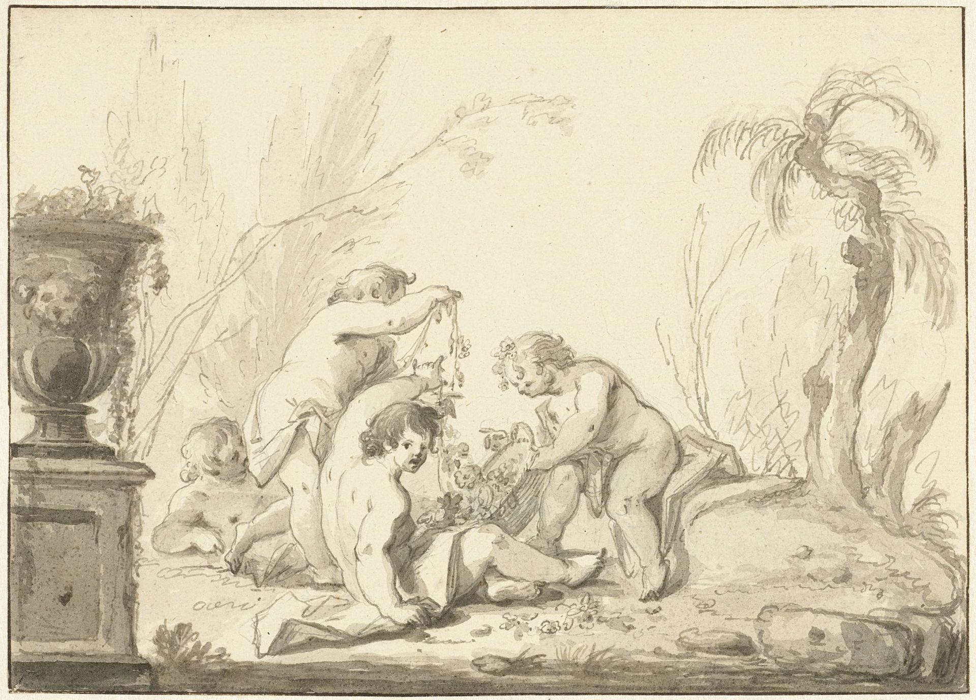 Allegorische voorstelling met kinderen met een mand met bloemen by Johann Heinrich Keller