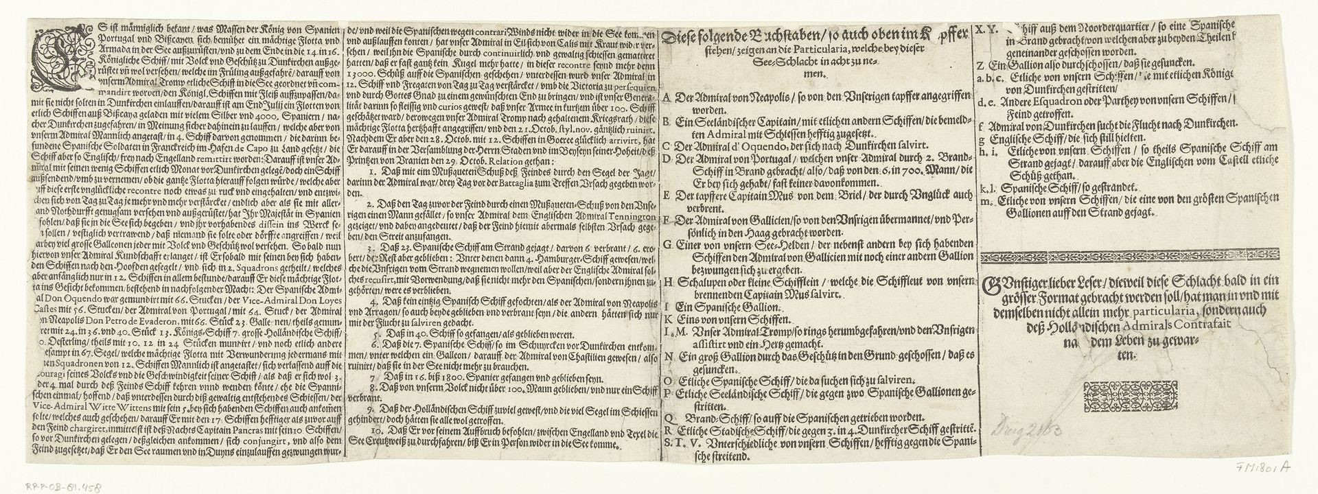 Tekstblad bij een prent van de zeeslag bij Duins, 1639 by Anonymous