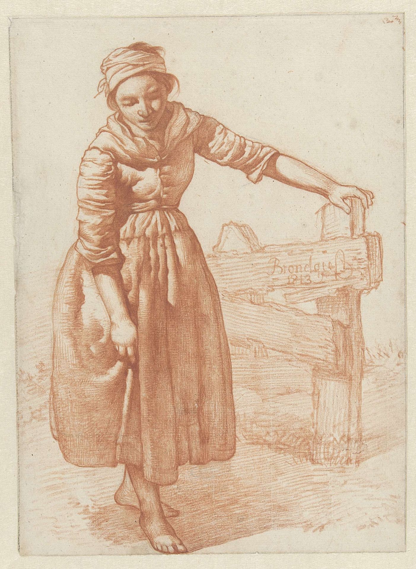 Staand meisje, bij een hek by Albertus Brondgeest