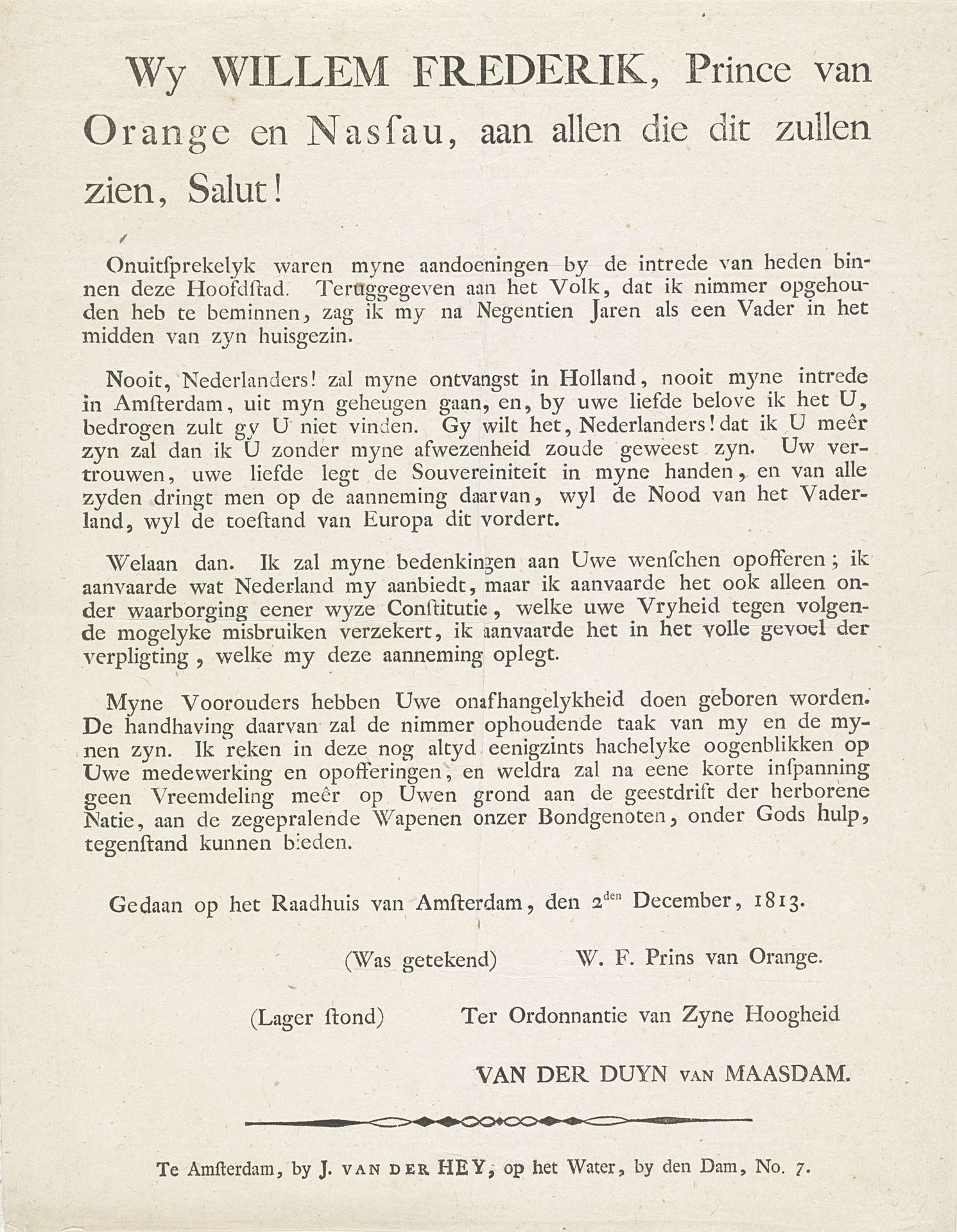 Proclamatie vanwege de prins van Oranje bij zijn intrede in Amsterdam, 2 december 1813 by Johannes van der Hey