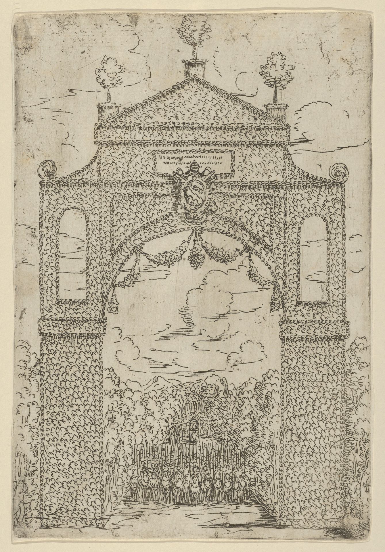Triumphal arch covered in foliage with mounted troops below, a temporary decoration for the entry of Pope Clement VIII in Bologna in 1598 by Guido Reni