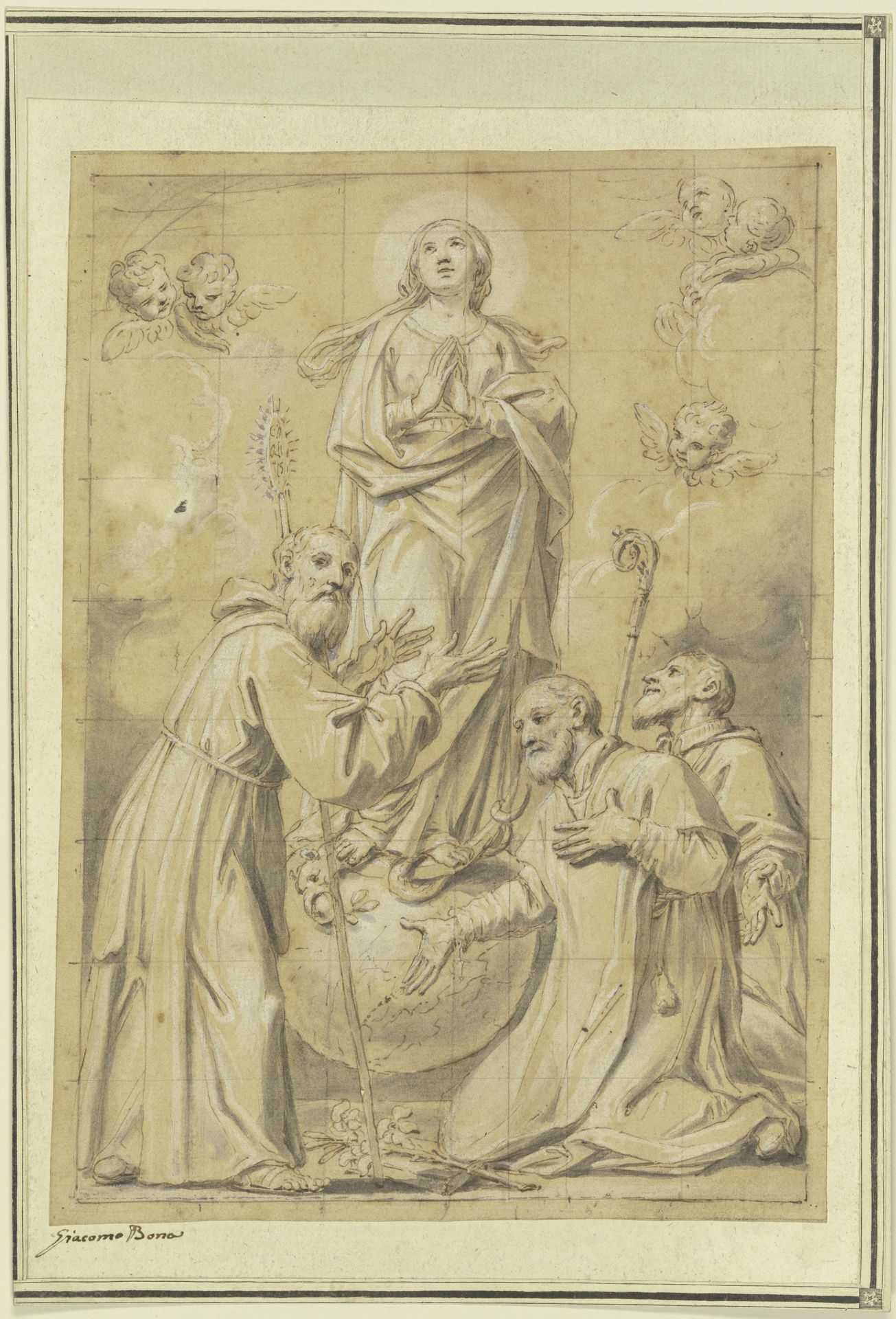 Maria Immakulata über der Schlange auf der Mondsichel und der Weltkugel stehend, von drei Jesuitenheiligen verehrt by Tommaso Bona