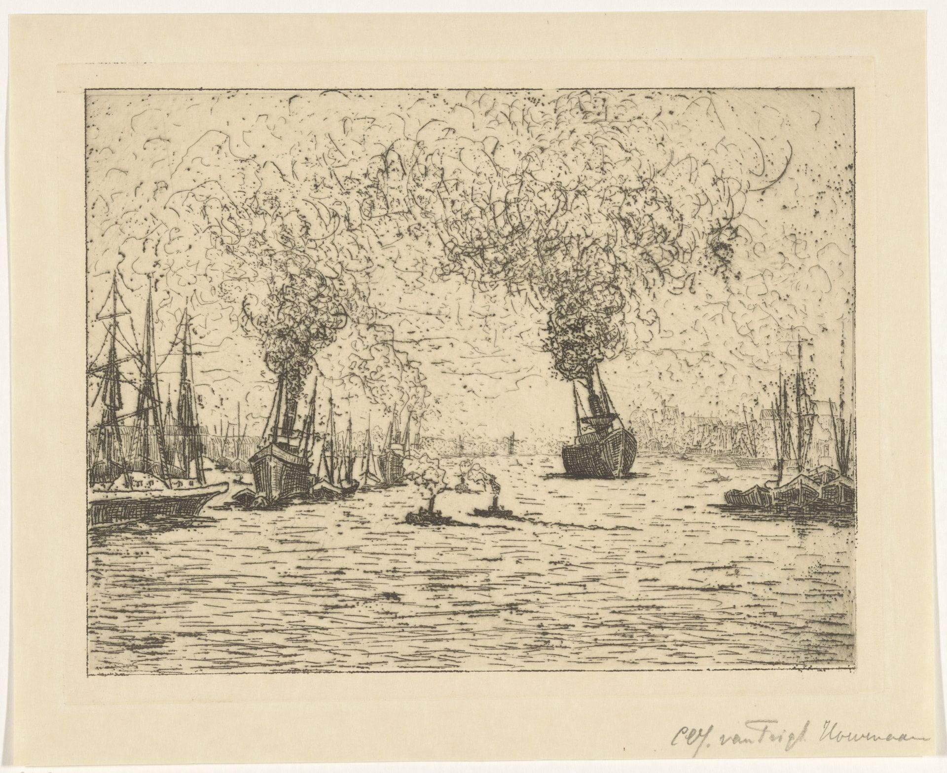 Riviergezicht met drie stoomboten by Cornelia Christina Johanna van Trigt-Hoevenaar