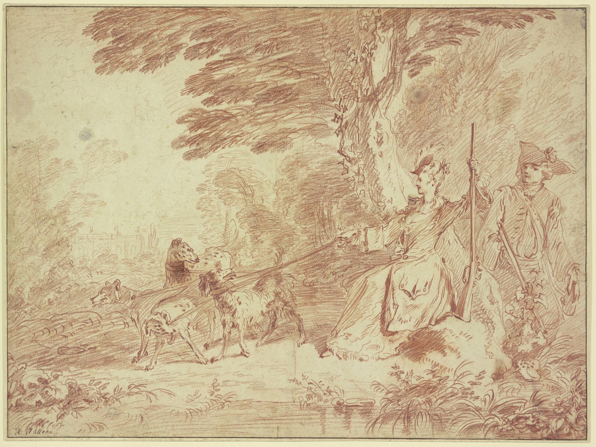 Jagdpartie, Jägerin und Jäger mit vier Hunden in einer Landschaft by Jean-Antoine Watteau