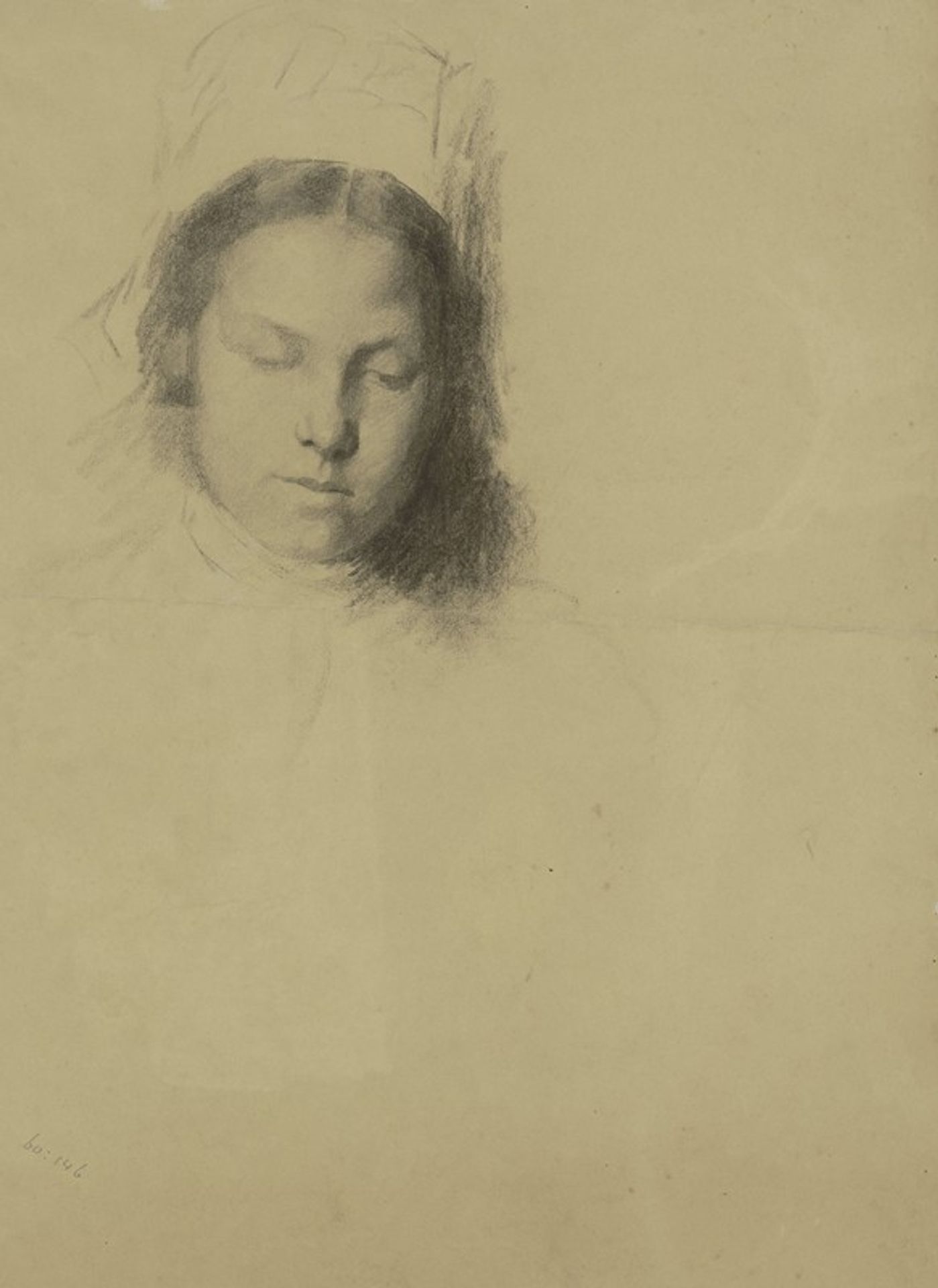 Meisjeskop met neergeslagen blik by Thérèse Schwartze