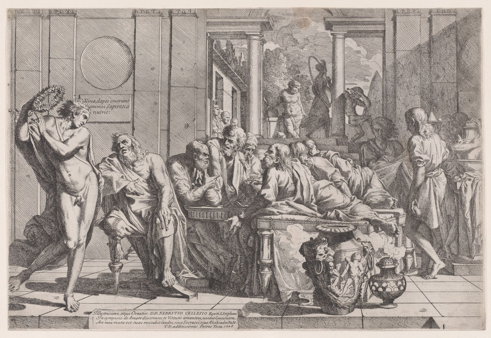 Plato's symposium: Socrates and his companions seated around a table discussing ideal love interruputed by Acibiades at left by Pietro Testa
