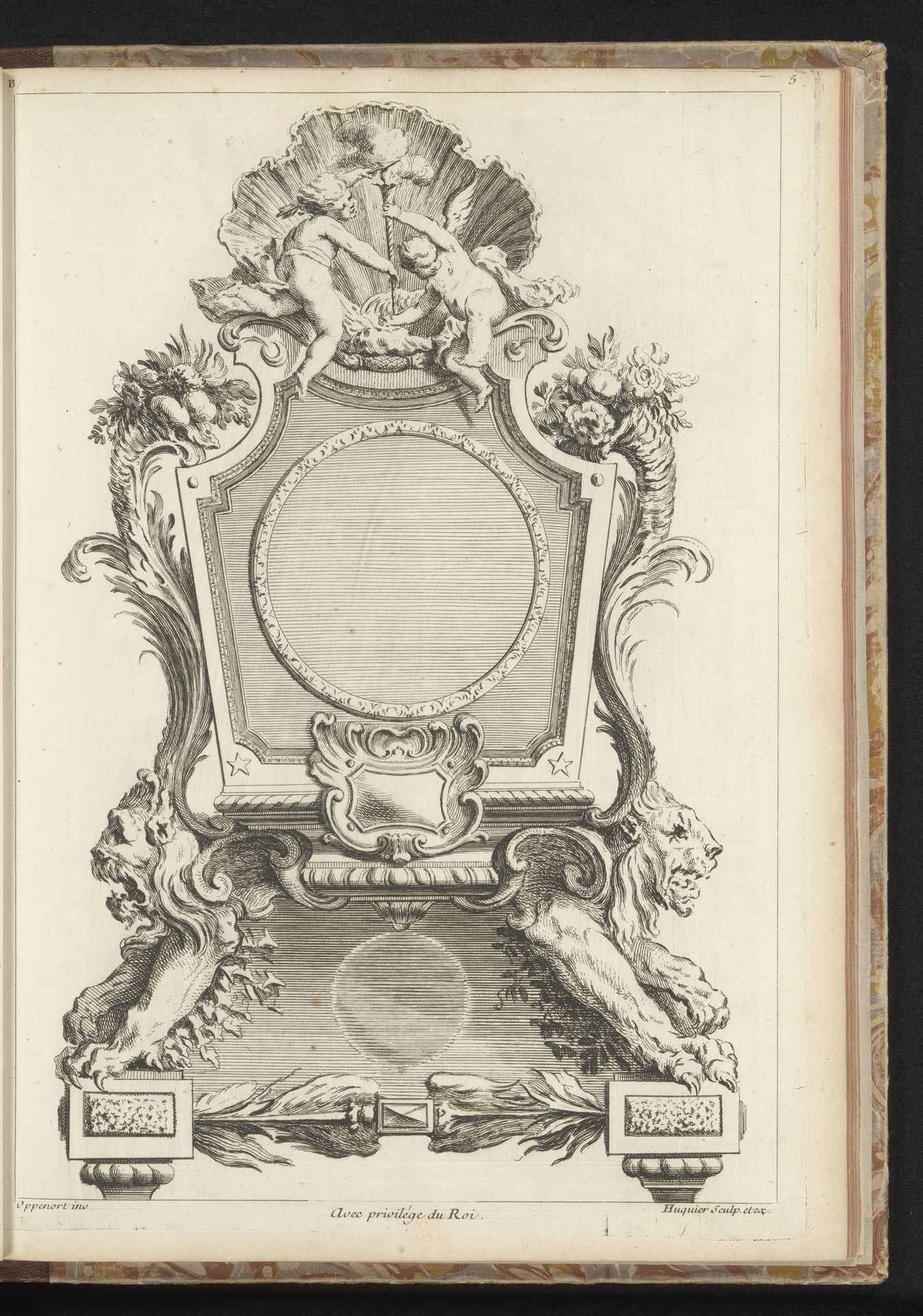 Ontwerp voor een klok met leeuwenkoppen en twee putti met een fakkel by Gabriel Huquier