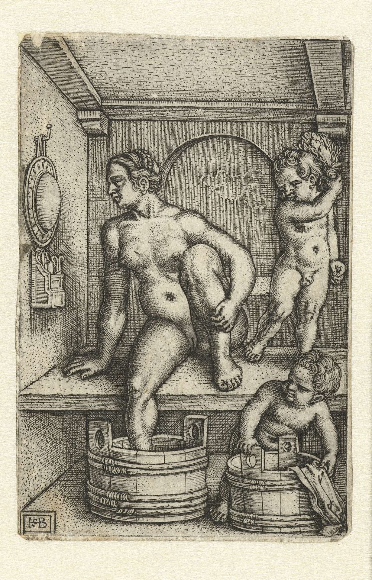 Vrouw met twee kinderen in badkamer by Sebald Beham
