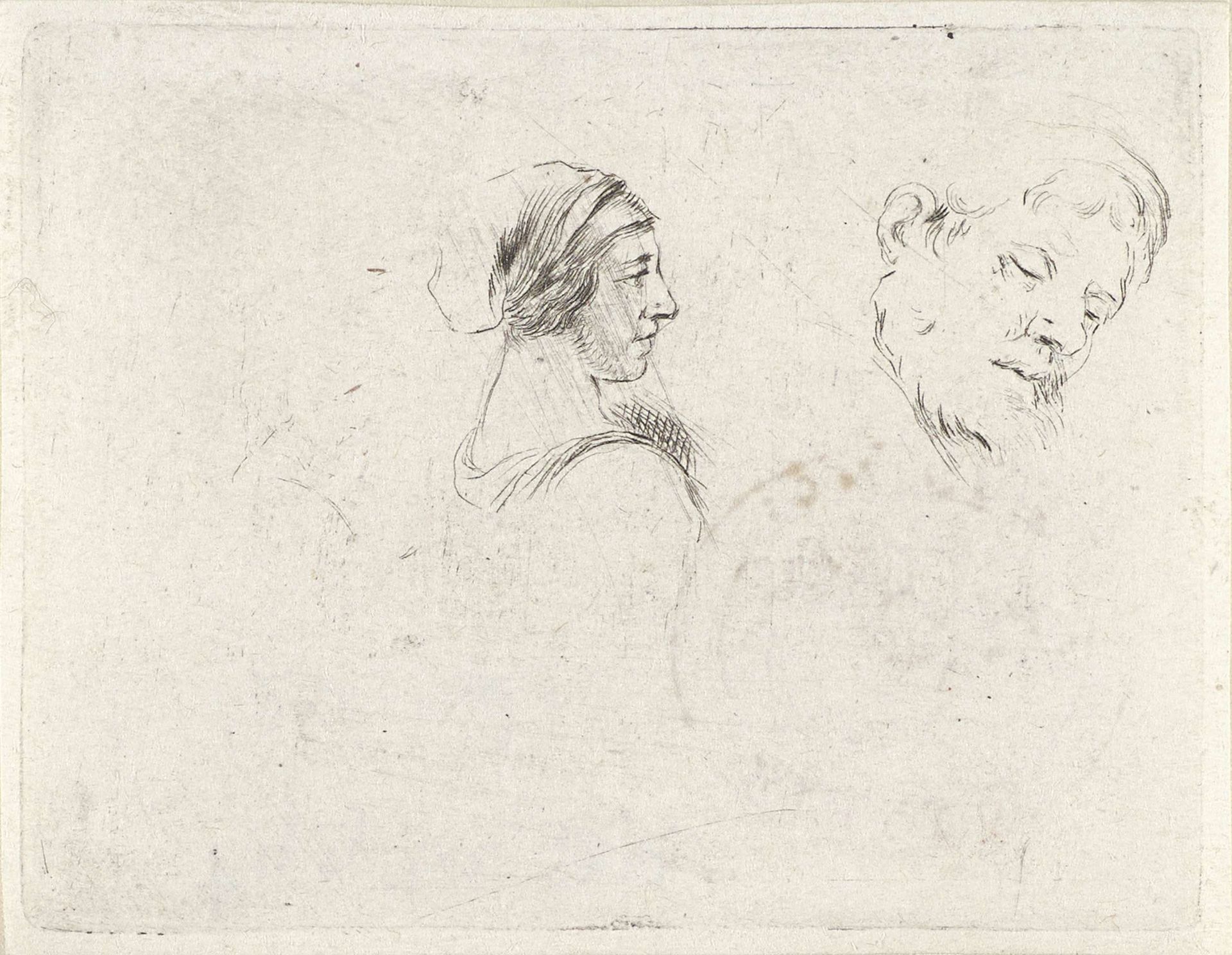 Vrouw in profiel naar rechts en het hoofd van een slapende man by Stefano della Bella