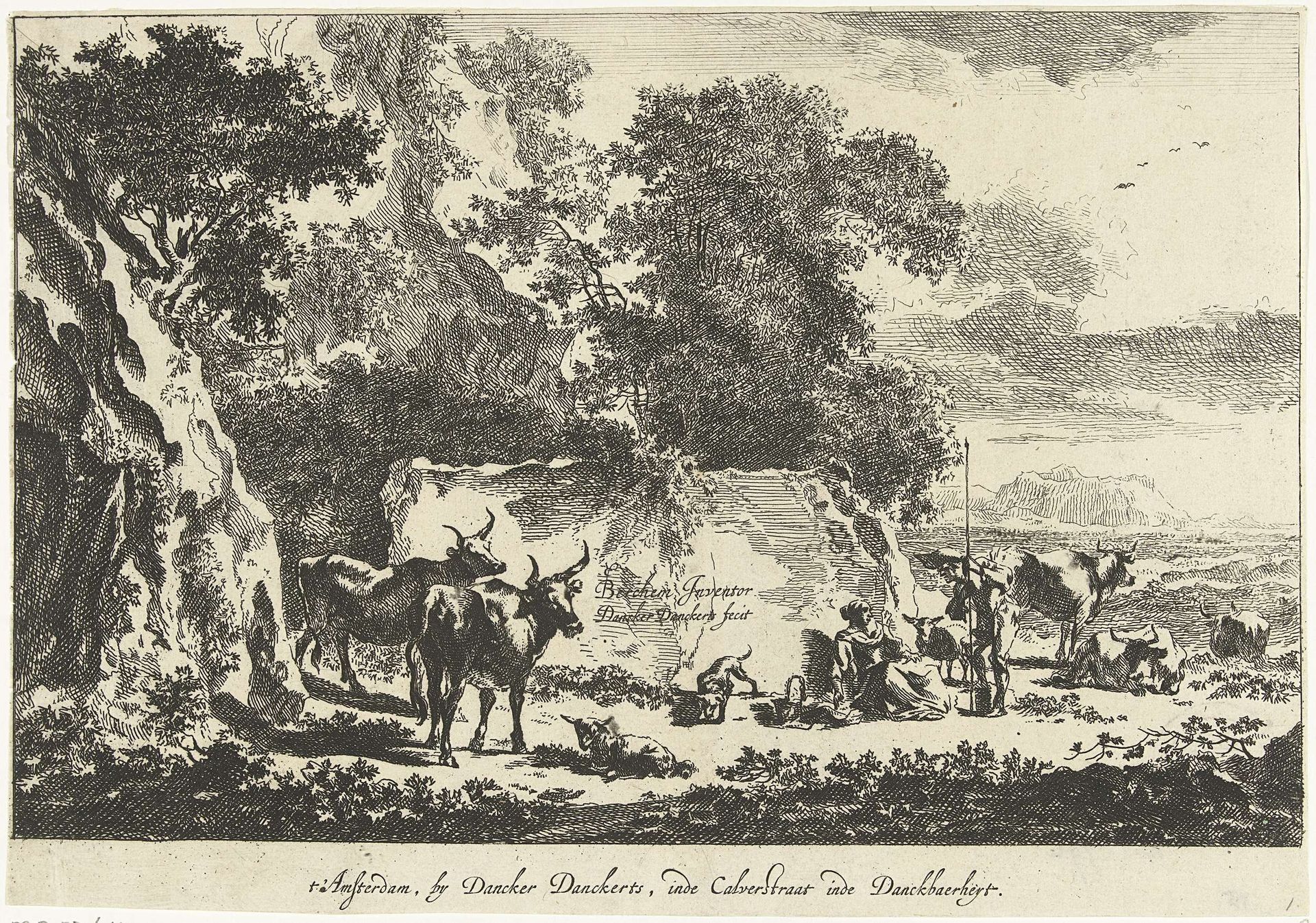 Italiaans landschap met herders en vee rustend bij rots by Dancker Danckerts