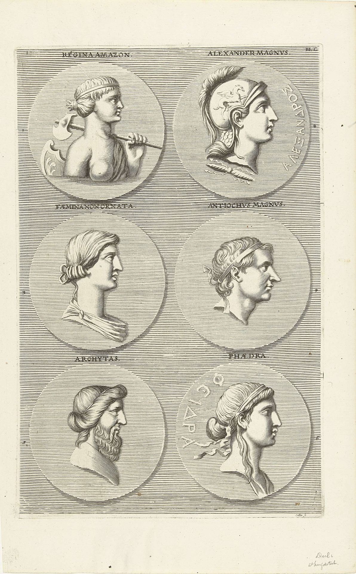 Zes munten met portretten van mannen en vrouwen uit de klassieke oudheid: letter BL C by Richard Collin