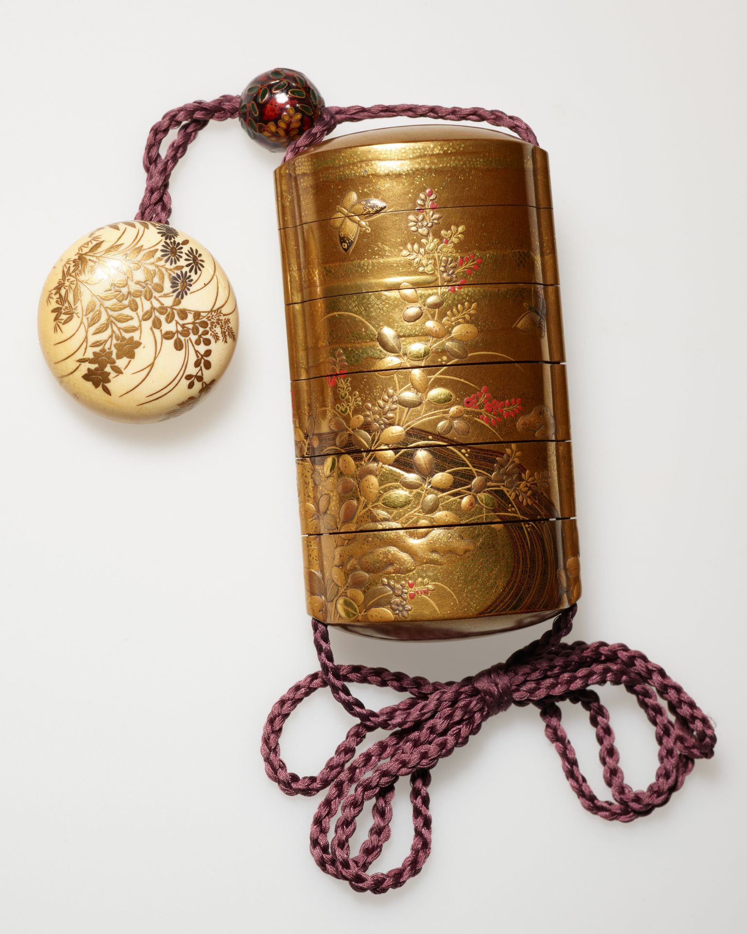 Five-case inro with decor of bushclover and butterflies by Tatsuke Takamasu