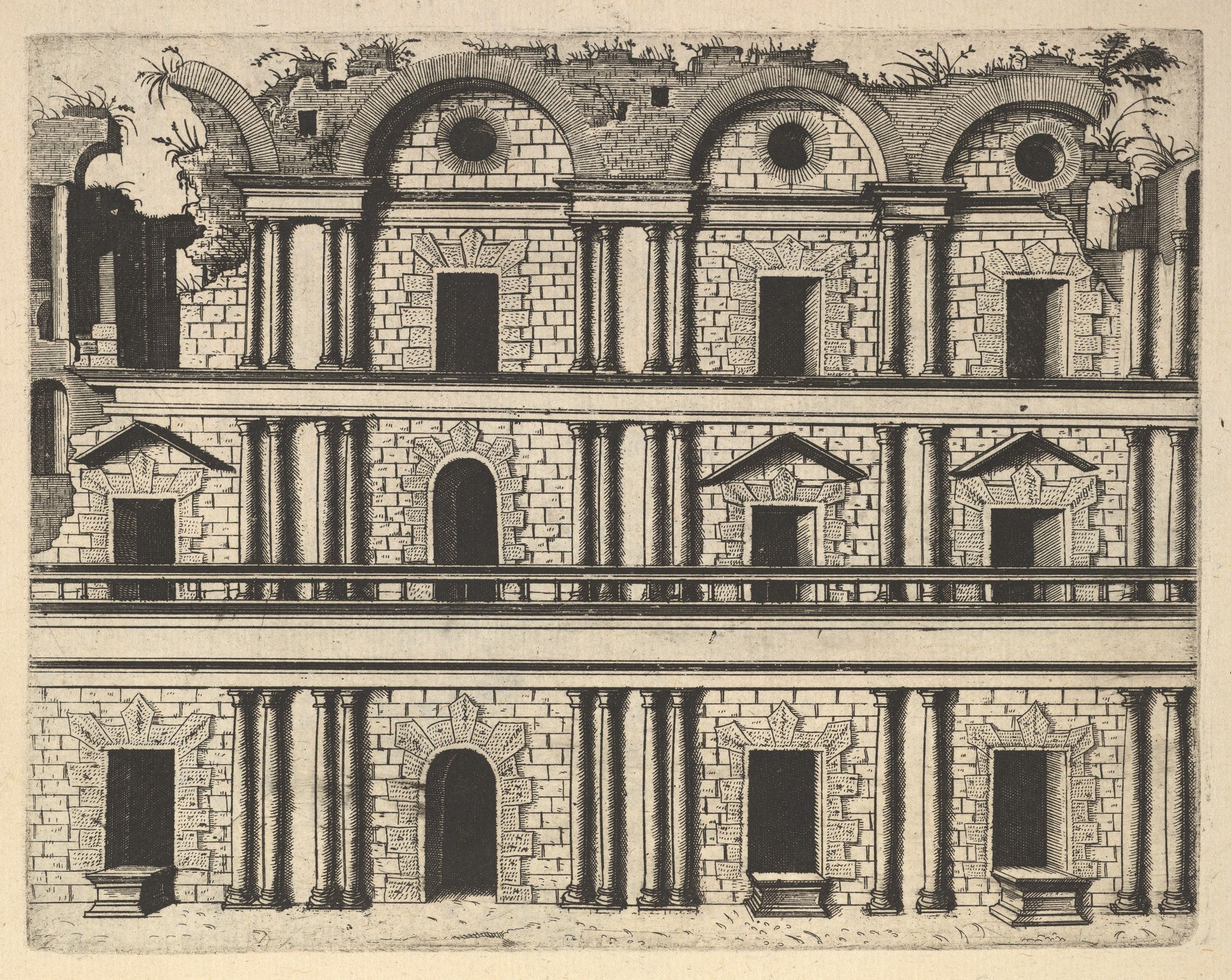Ruin of a Palace Facade [Palatium M. Agrippa] from the series 'Ruinarum variarum fabricarum delineationes pictoribus caeterisque id genus artificibus multum utiles' by Lambert Suavius