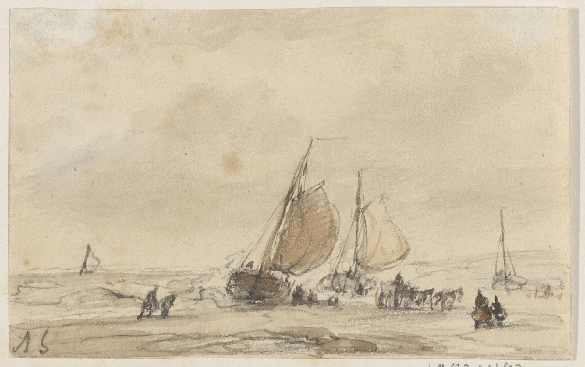 Zeilschepen en figuren op een strand by Andreas Schelfhout