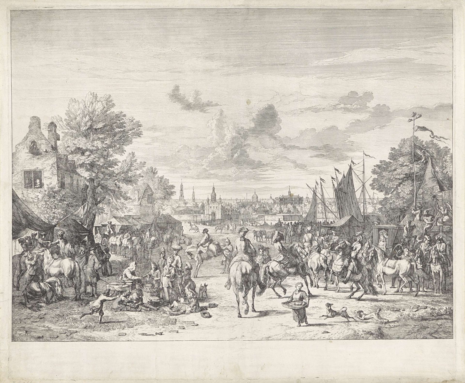 Paardenmarkt bij een stad by Jan van Huchtenburg